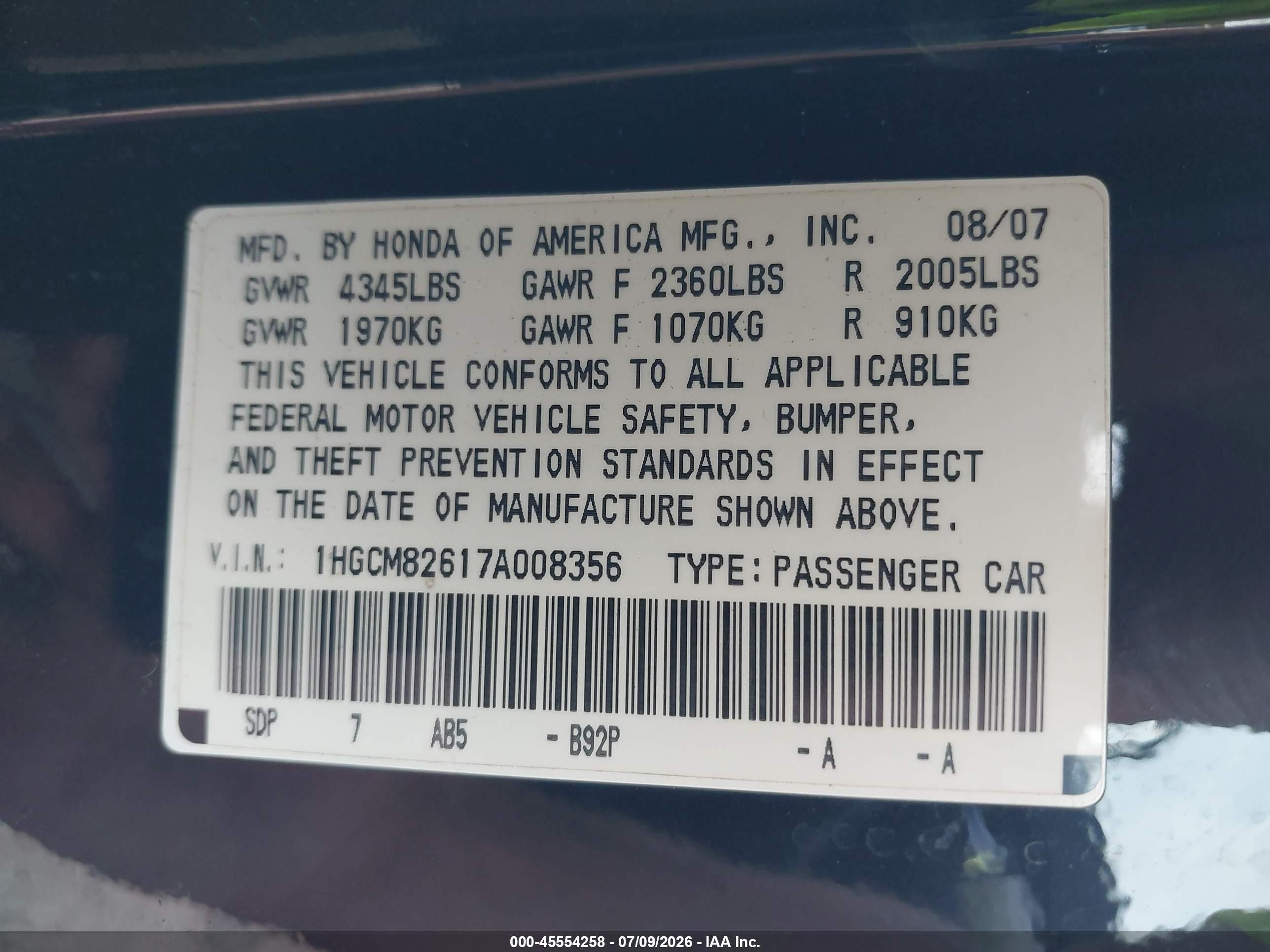 2007 Honda Accord 3.0 Ex Black vin: 1HGCM82617A008356