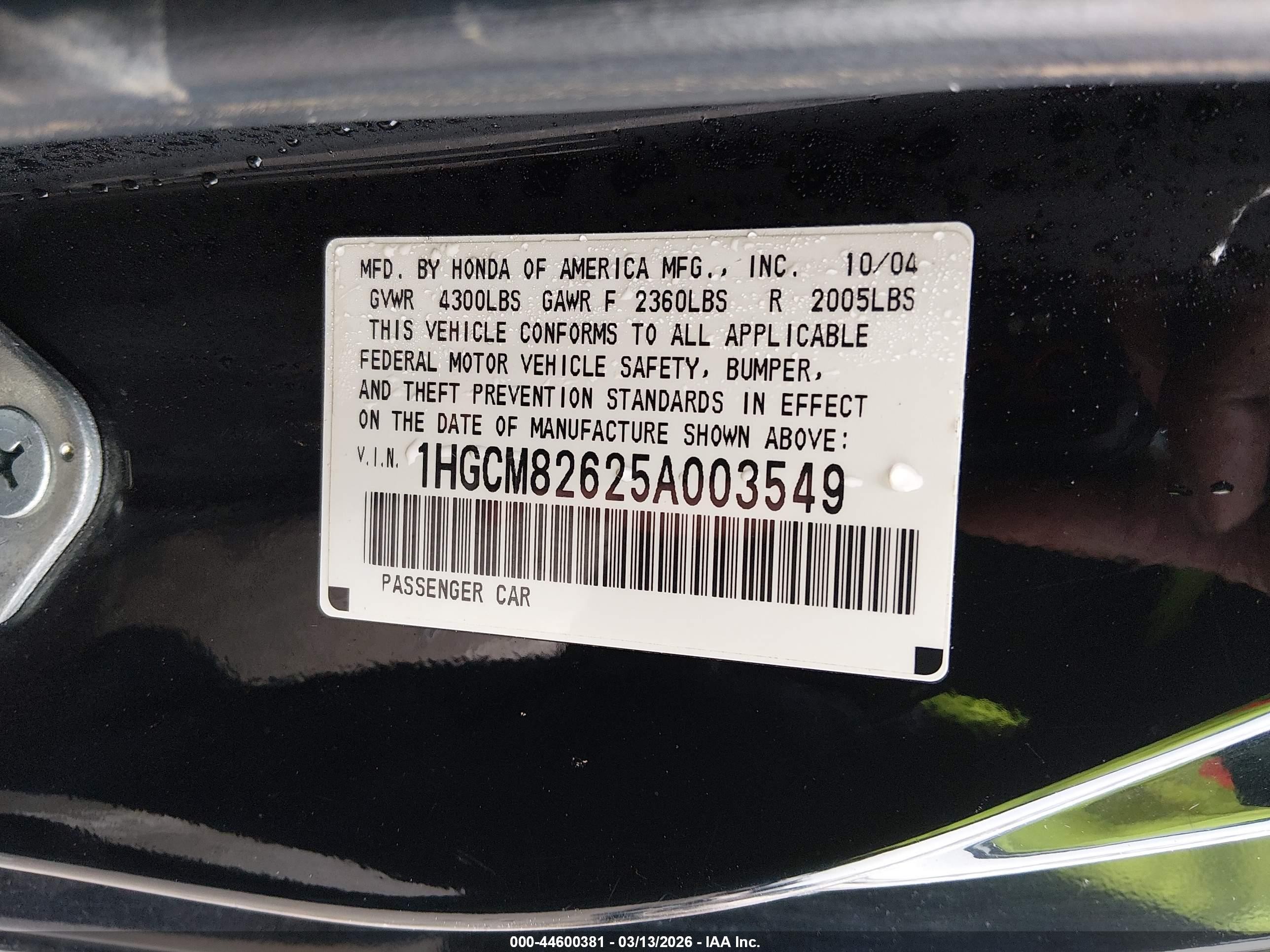 2005 Honda Accord Cpe Ex-l V6 Black vin: 1HGCM82625A003549