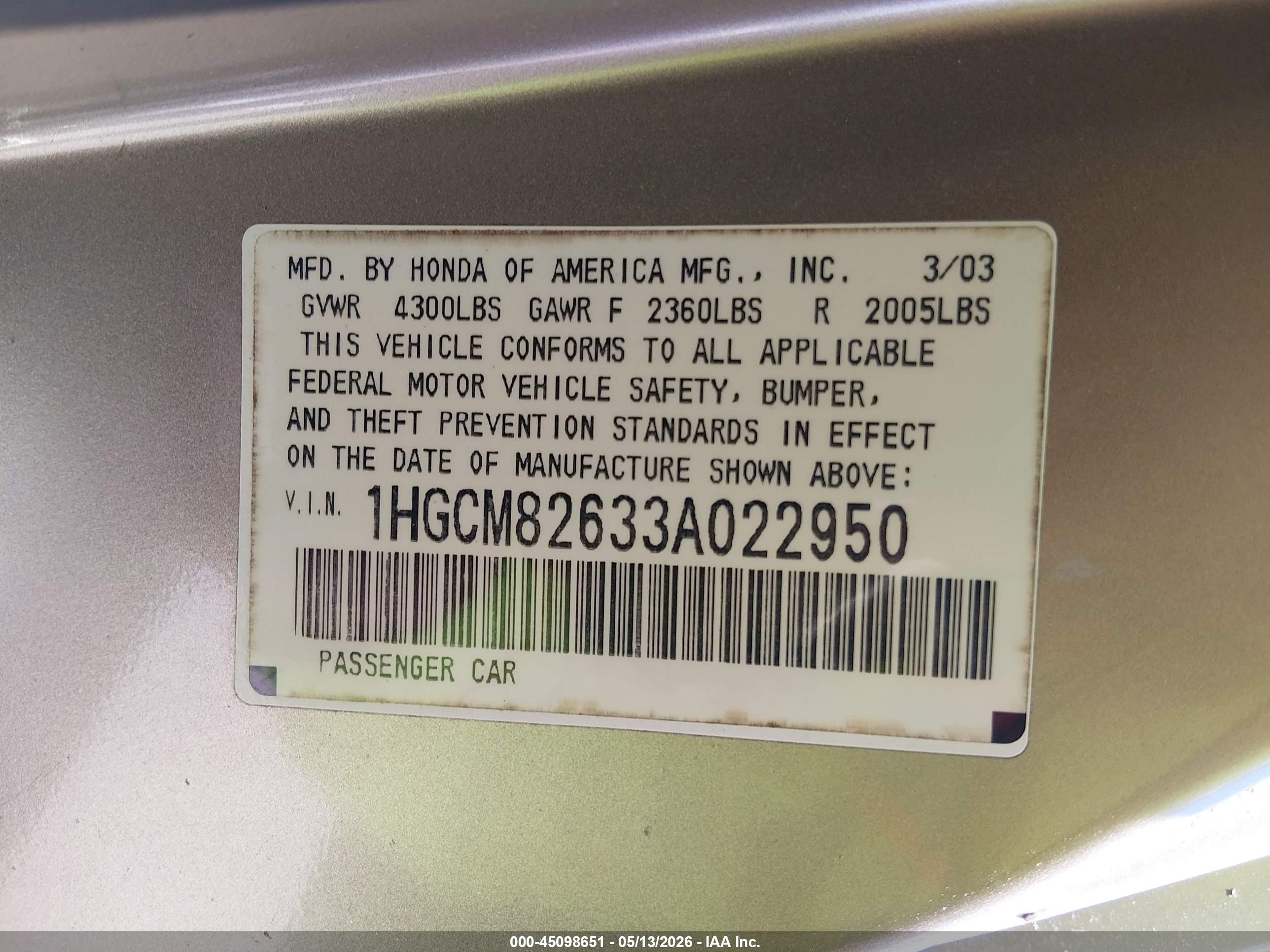 2003 Honda Accord 3.0 Ex Золотой vin: 1HGCM82633A022950