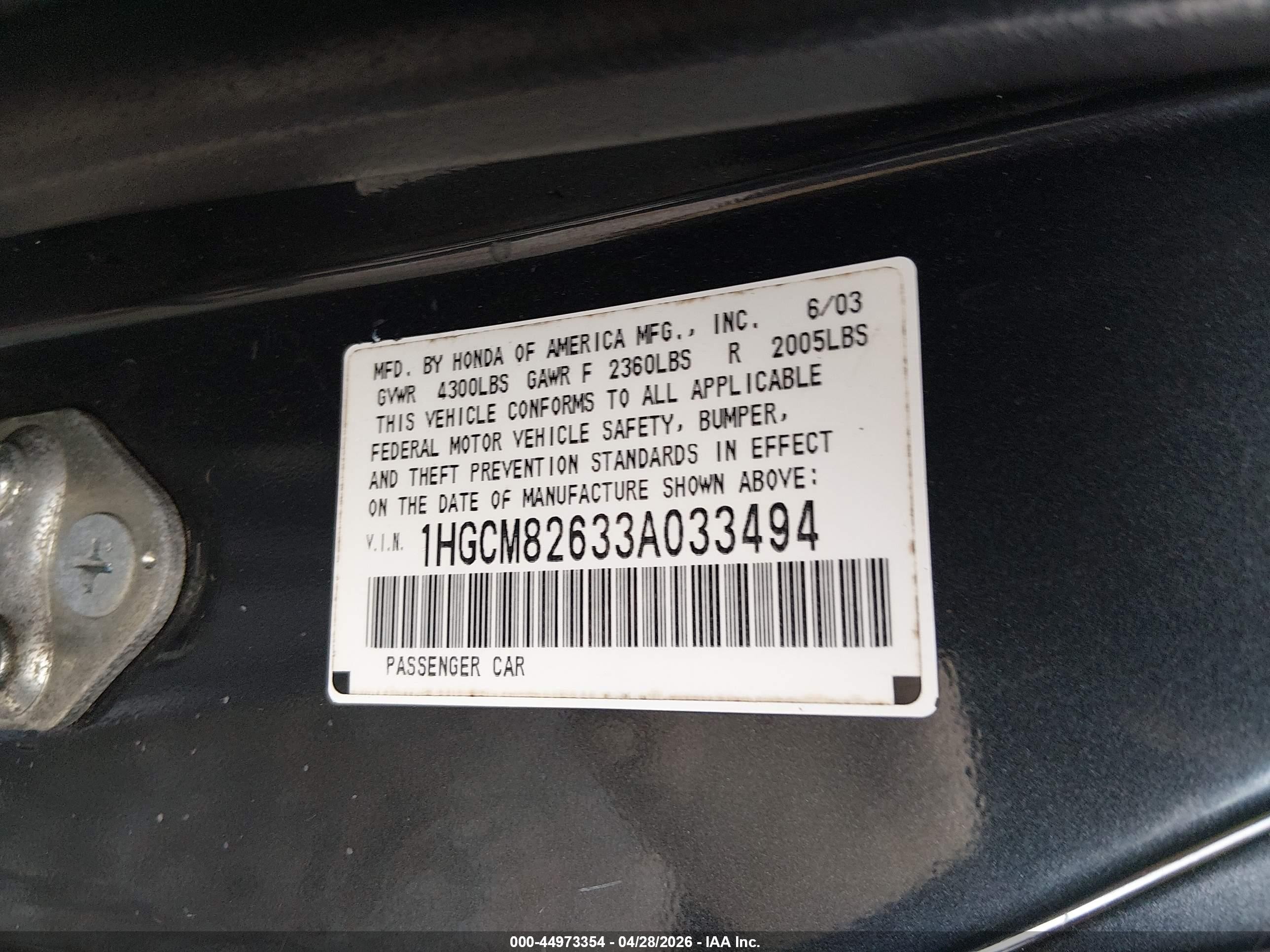 2003 Honda Accord 3.0 Ex Gray vin: 1HGCM82633A033494