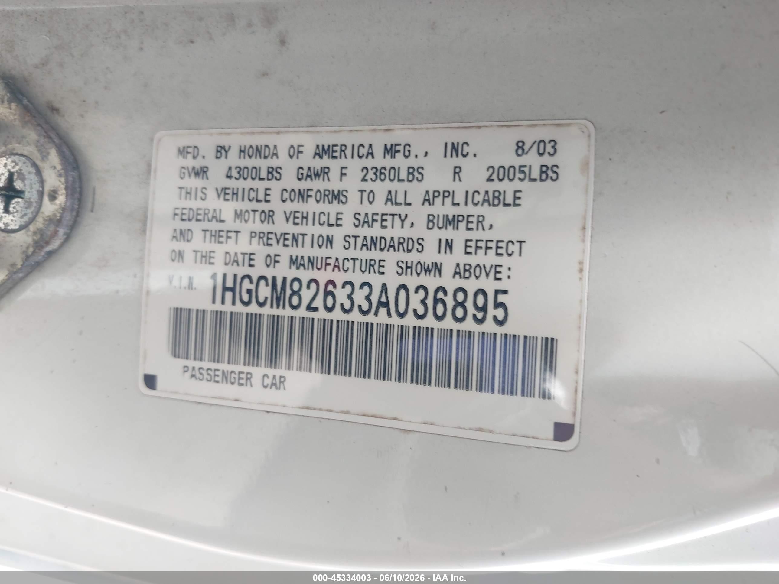 2003 Honda Accord 3.0 Ex White vin: 1HGCM82633A036895