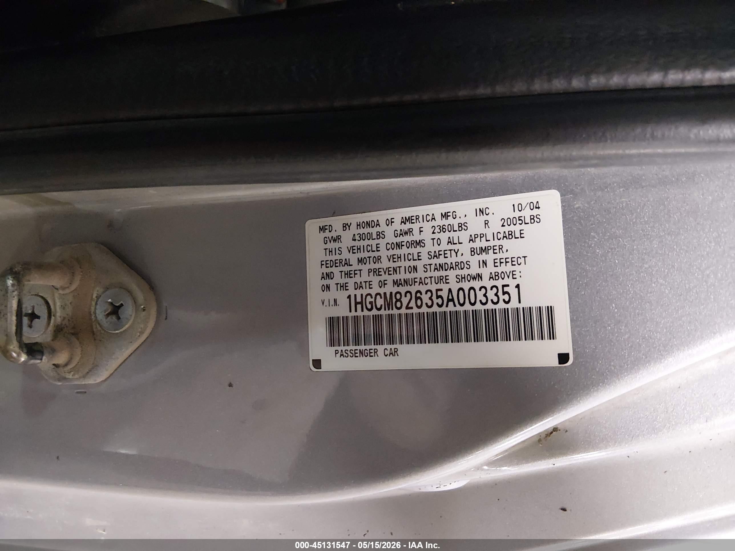 2005 Honda Accord 3.0 Ex Gray vin: 1HGCM82635A003351