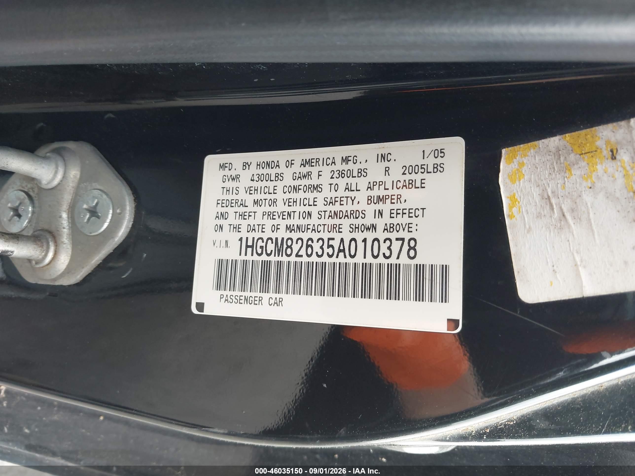 2005 Honda Accord 3.0 Ex Black vin: 1HGCM82635A010378