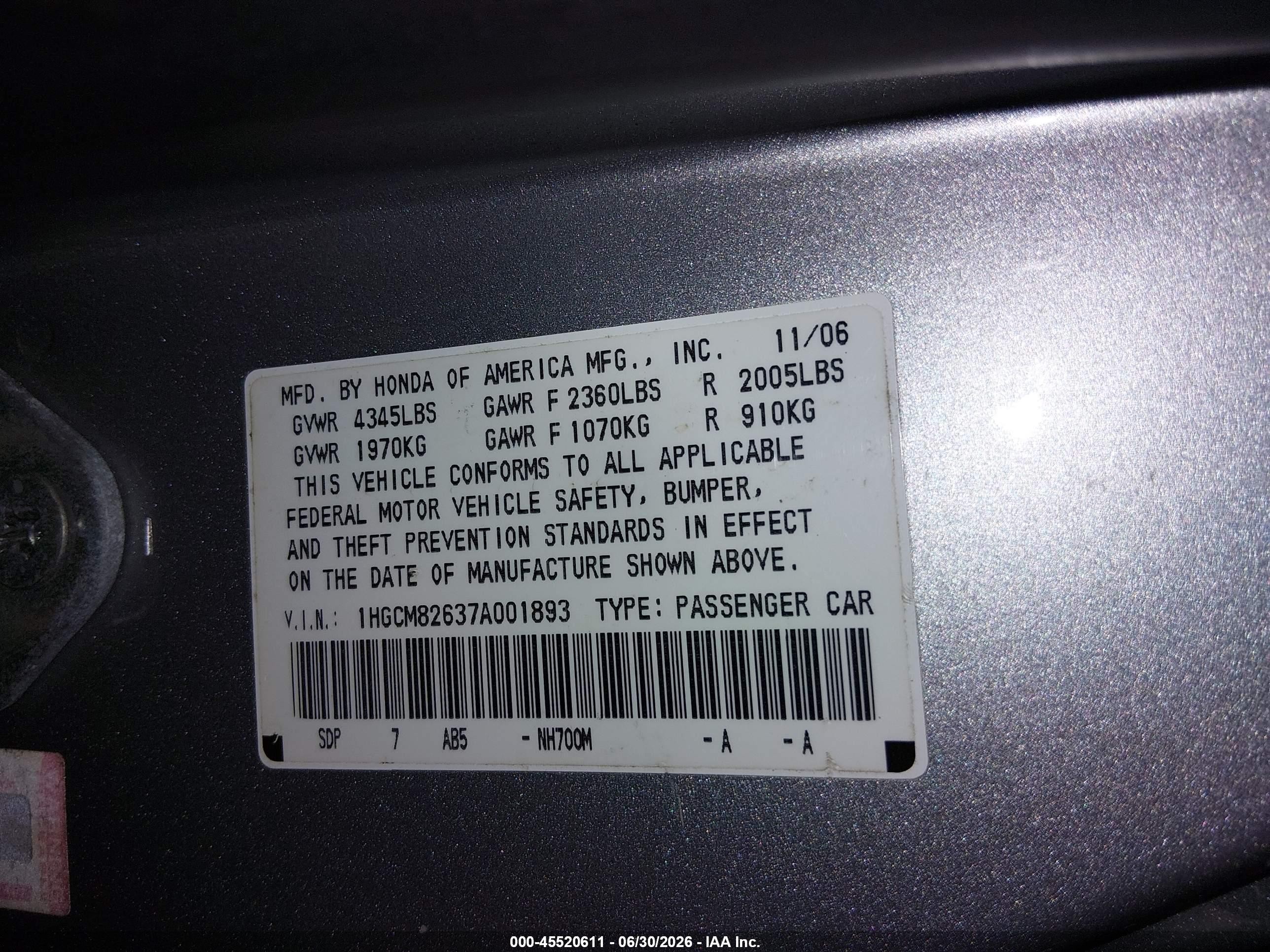 2007 Honda Accord 3.0 Ex Silver vin: 1HGCM82637A001893