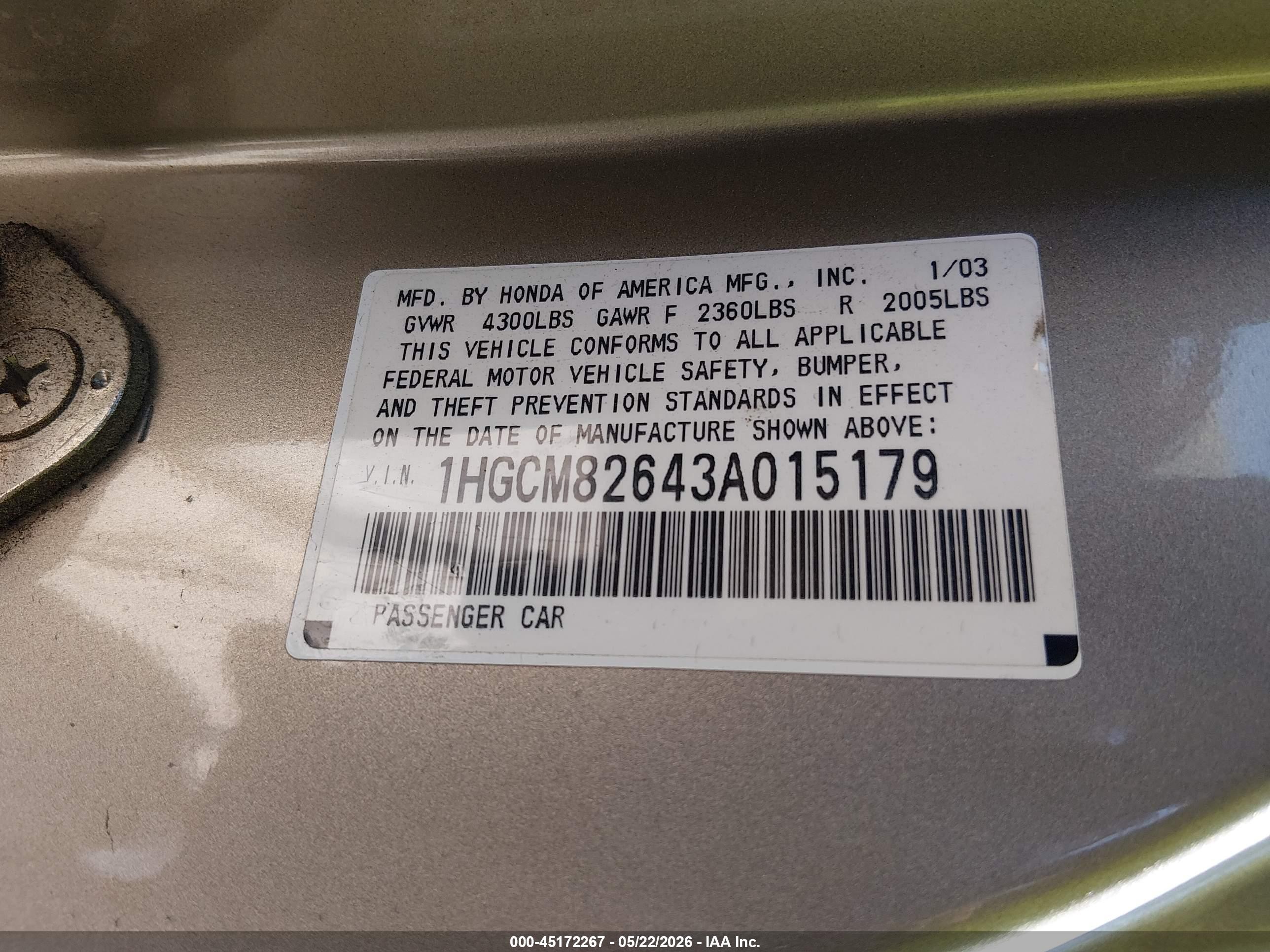 2003 Honda Accord 3.0 Ex Золотой vin: 1HGCM82643A015179