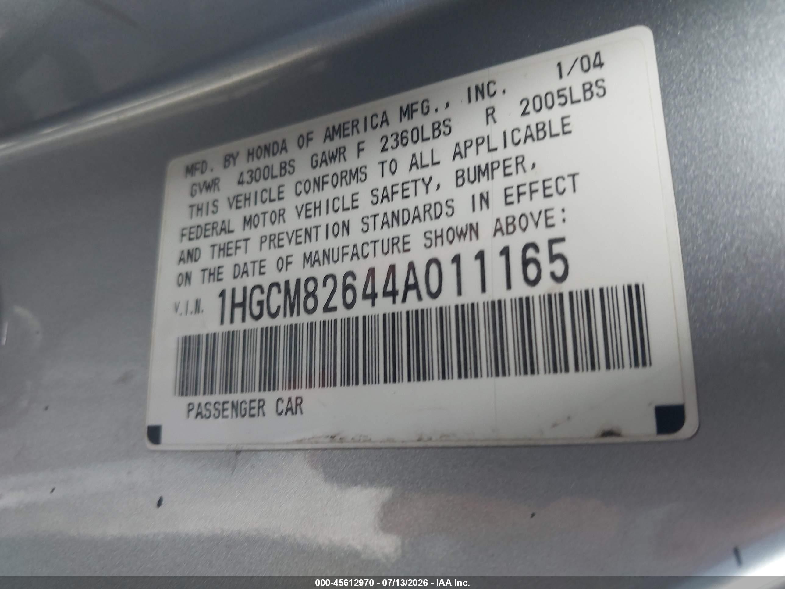 2004 Honda Accord 3.0 Ex Silver vin: 1HGCM82644A011165