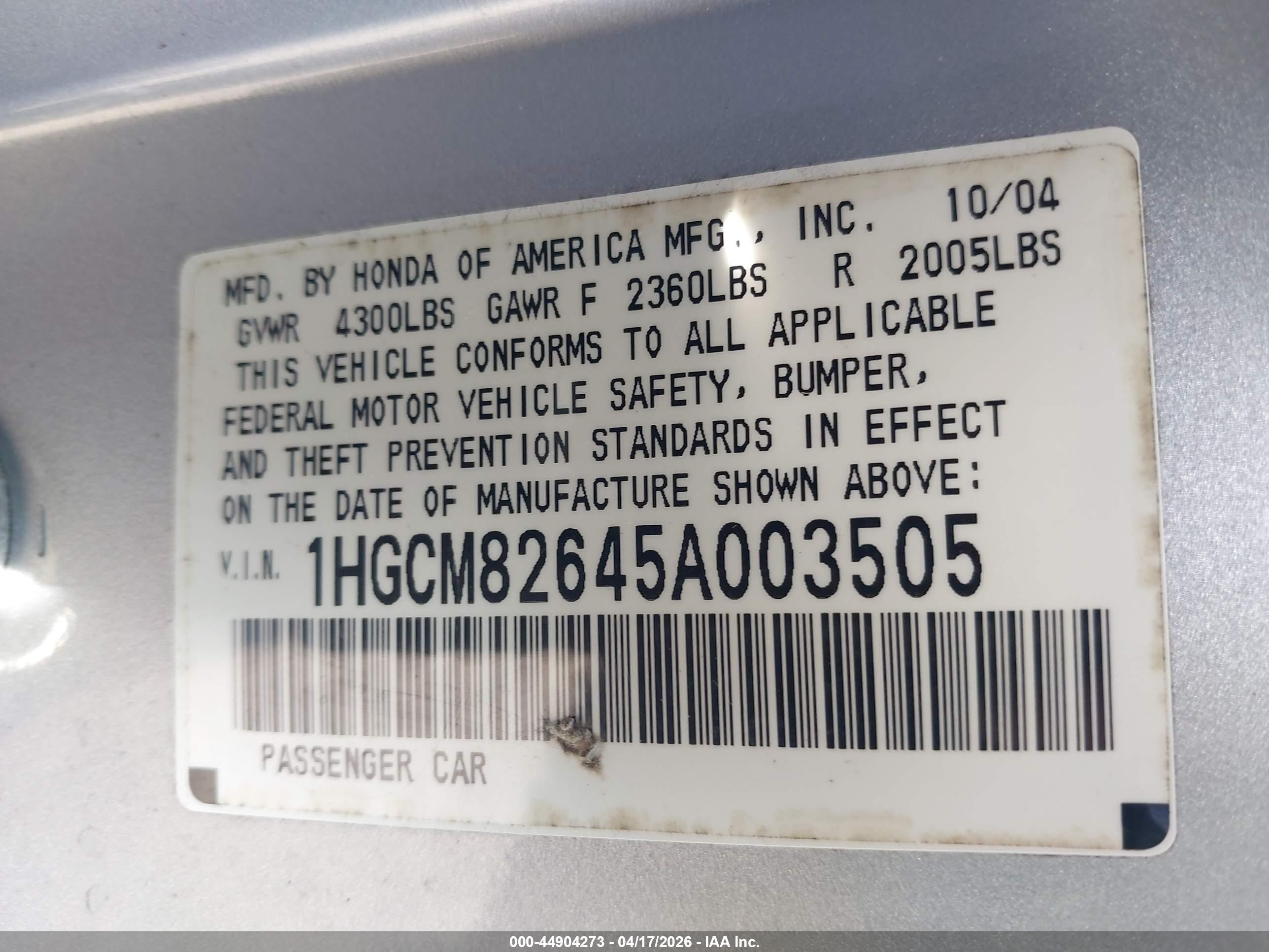2005 Honda Accord Cpe Ex-l V6 Silver vin: 1HGCM82645A003505