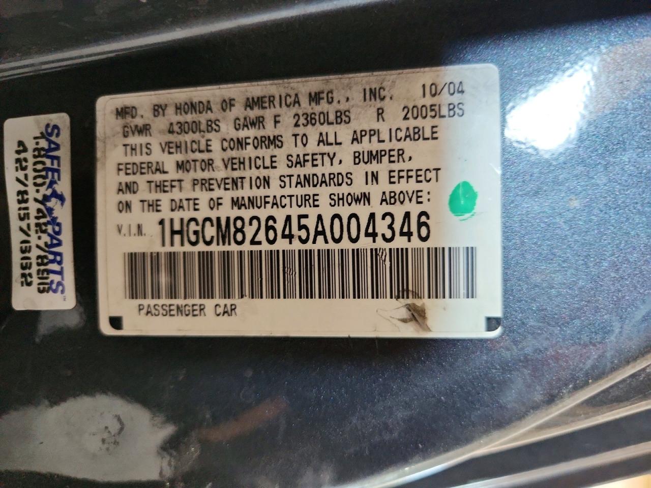 2005 Honda Accord Ex Gray vin: 1HGCM82645A004346