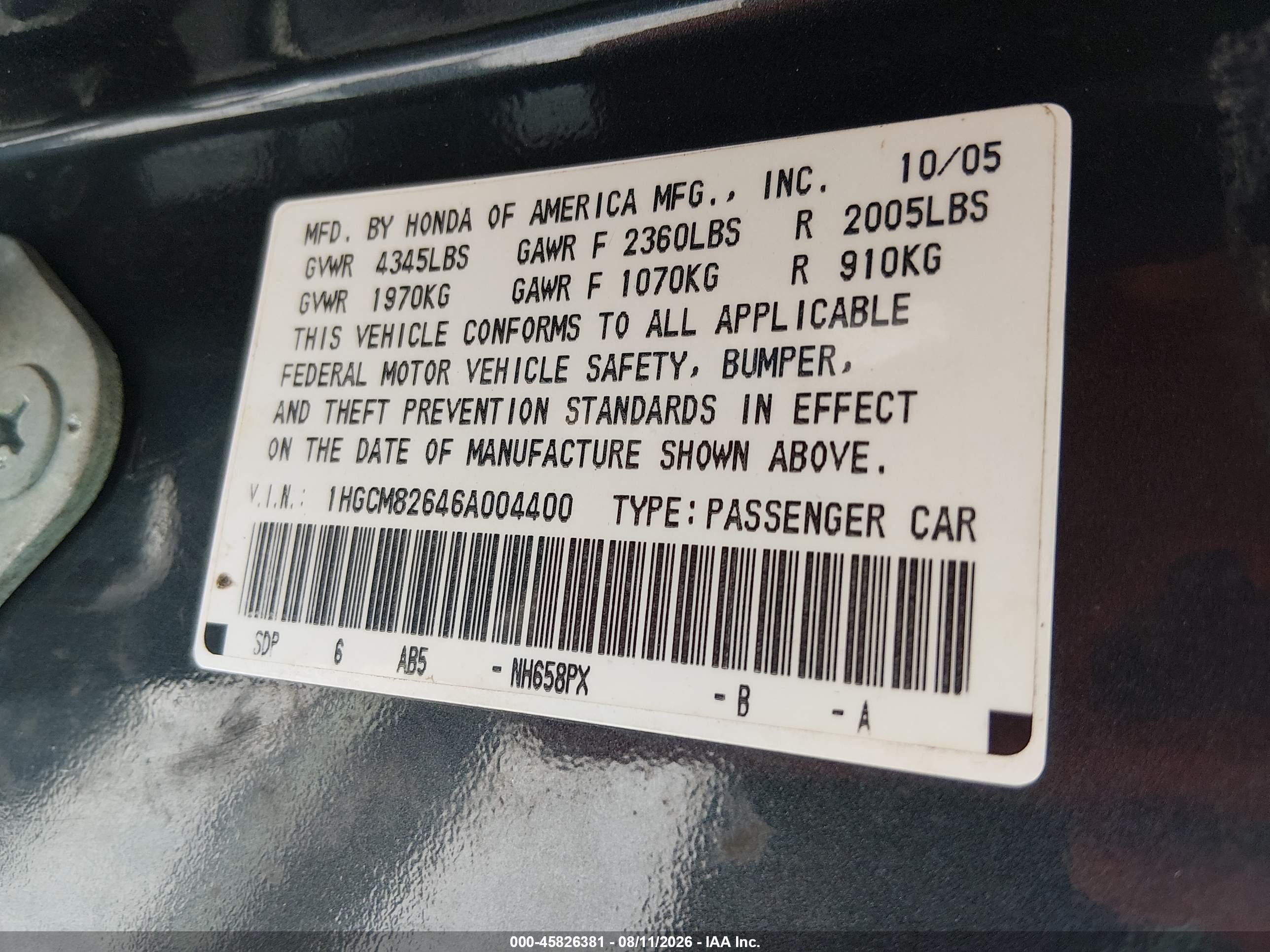 2006 Honda Accord 3.0 Ex Серый vin: 1HGCM82646A004400