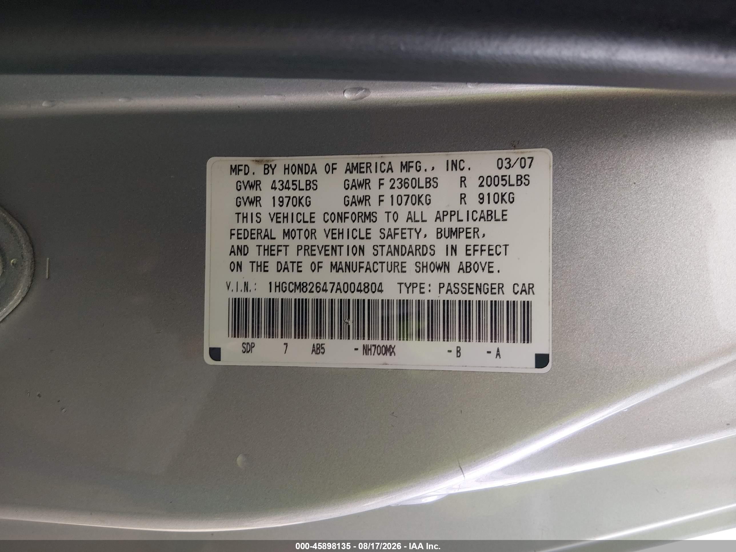 2007 Honda Accord 3.0 Ex Silver vin: 1HGCM82647A004804