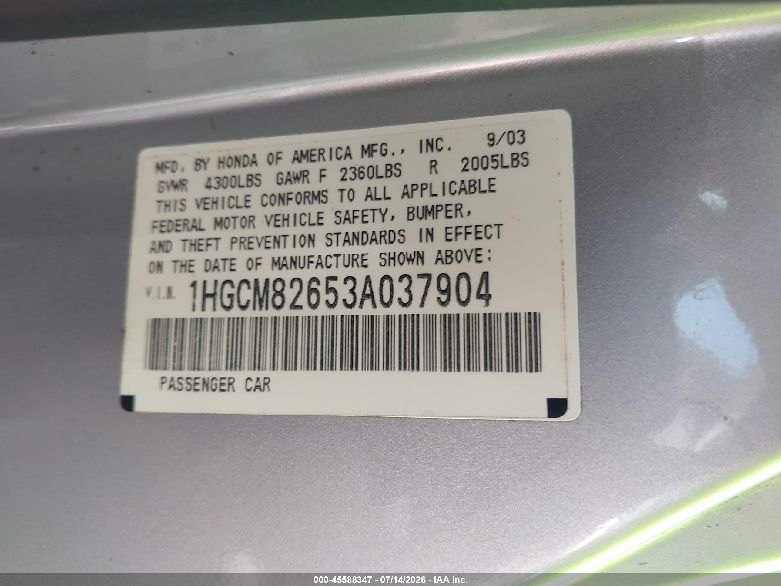 2003 Honda Accord Cpe Ex Silver vin: 1HGCM82653A037904