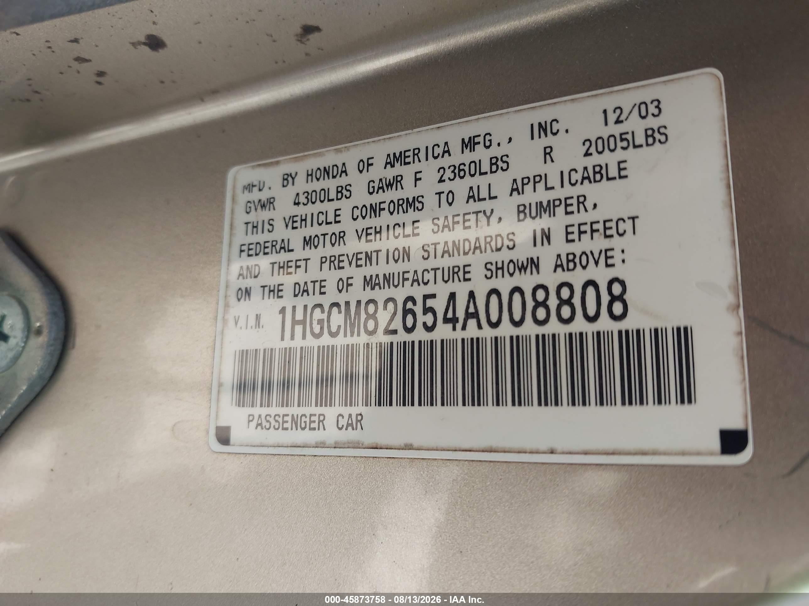 2004 Honda Accord 3.0 Ex Gold vin: 1HGCM82654A008808