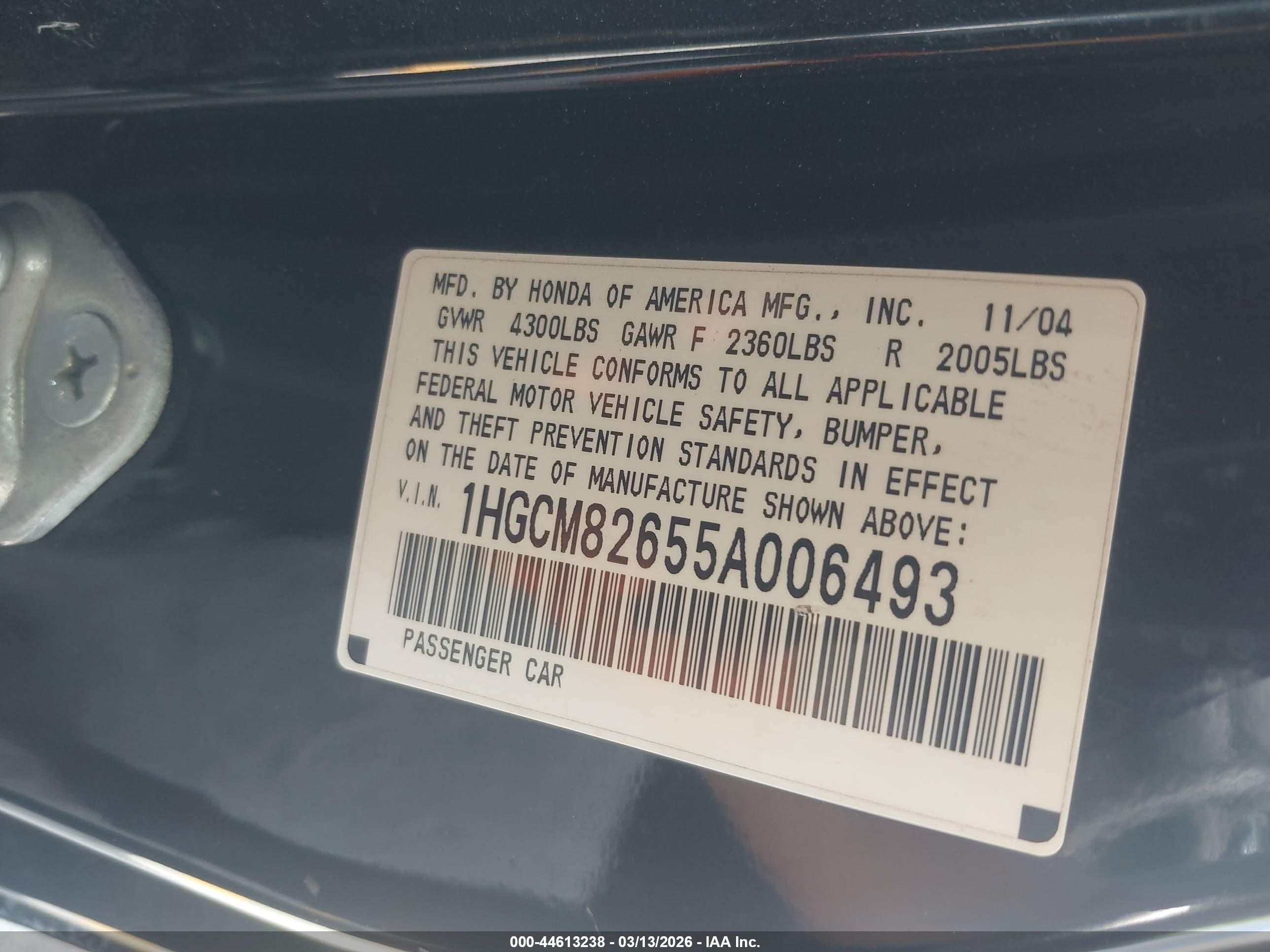 2005 Honda Accord Cpe Ex-l V6 Black vin: 1HGCM82655A006493