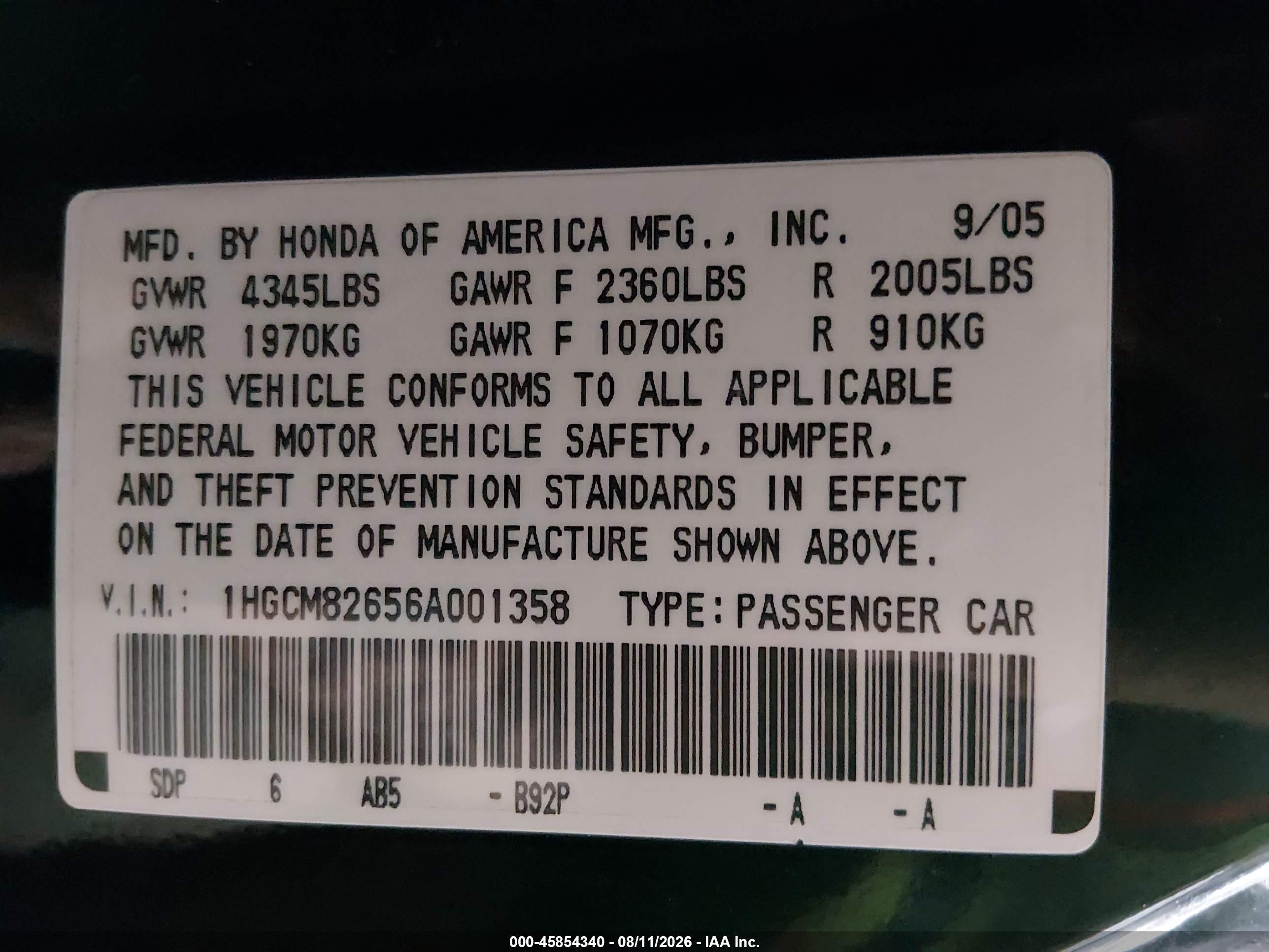 2006 Honda Accord 3.0 Ex Black vin: 1HGCM82656A001358
