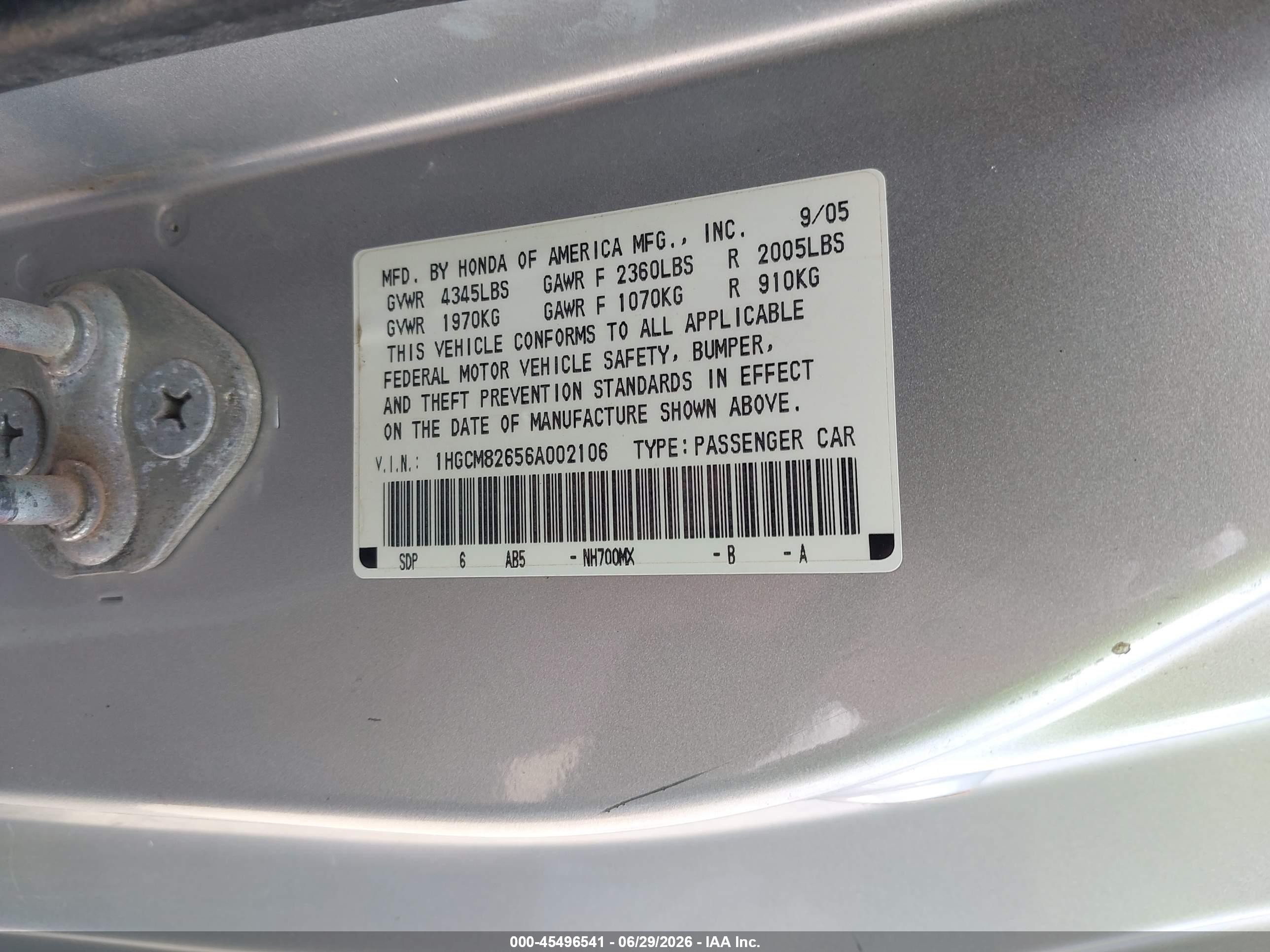 2006 Honda Accord 3.0 Ex Серебряный vin: 1HGCM82656A002106