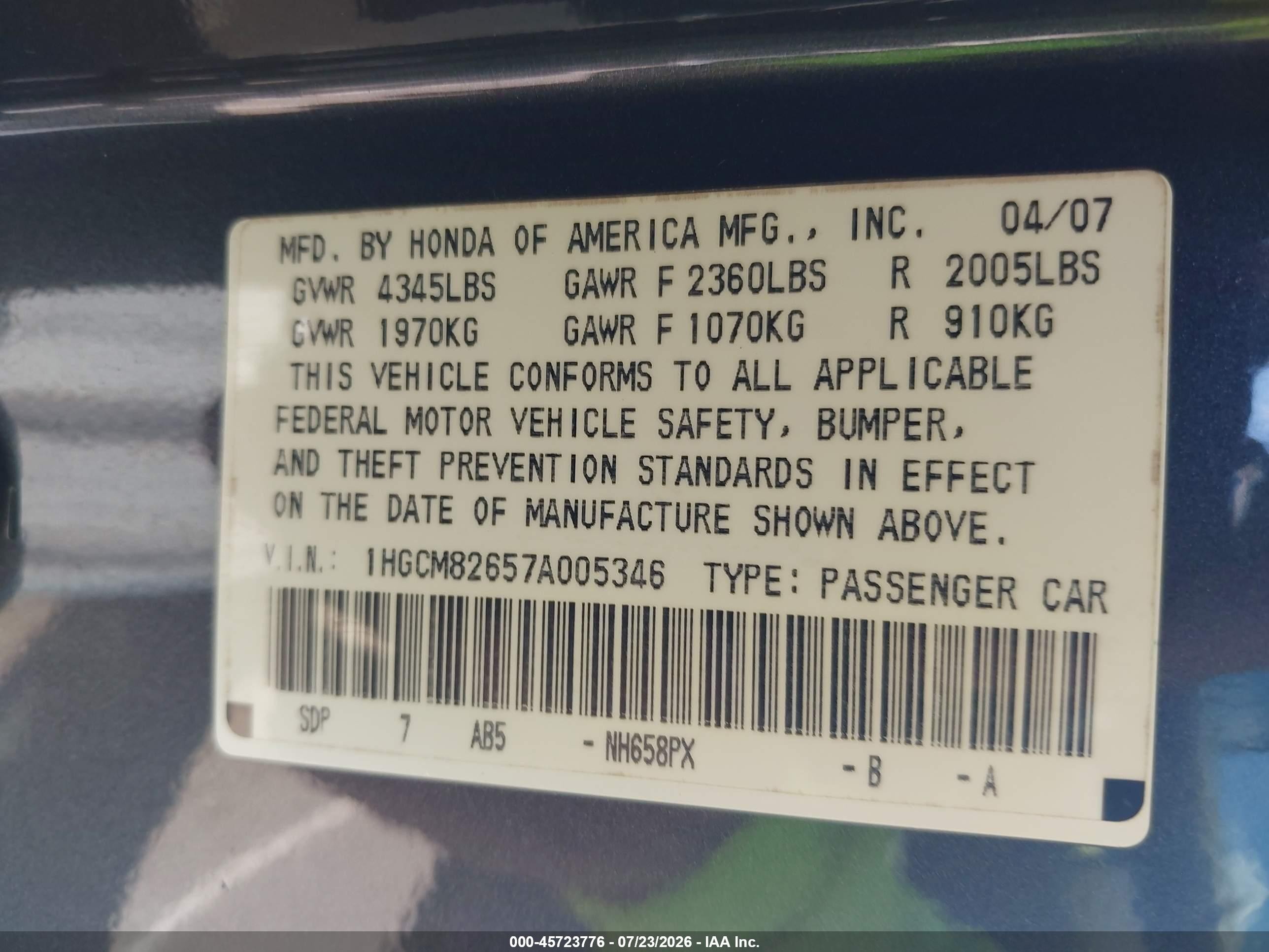 2007 Honda Accord 3.0 Ex Blue vin: 1HGCM82657A005346