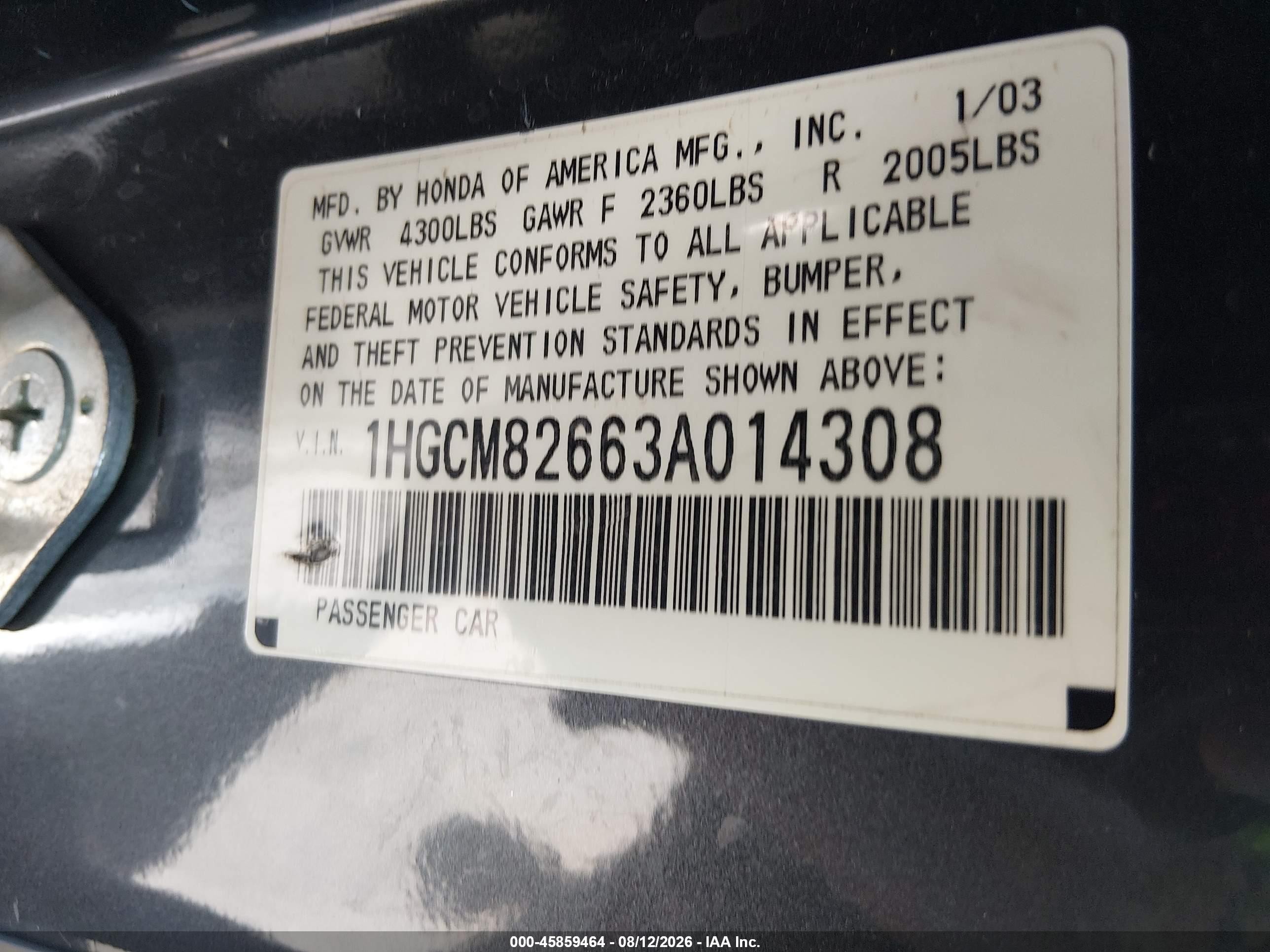 2003 Honda Accord 3.0 Ex Black vin: 1HGCM82663A014308