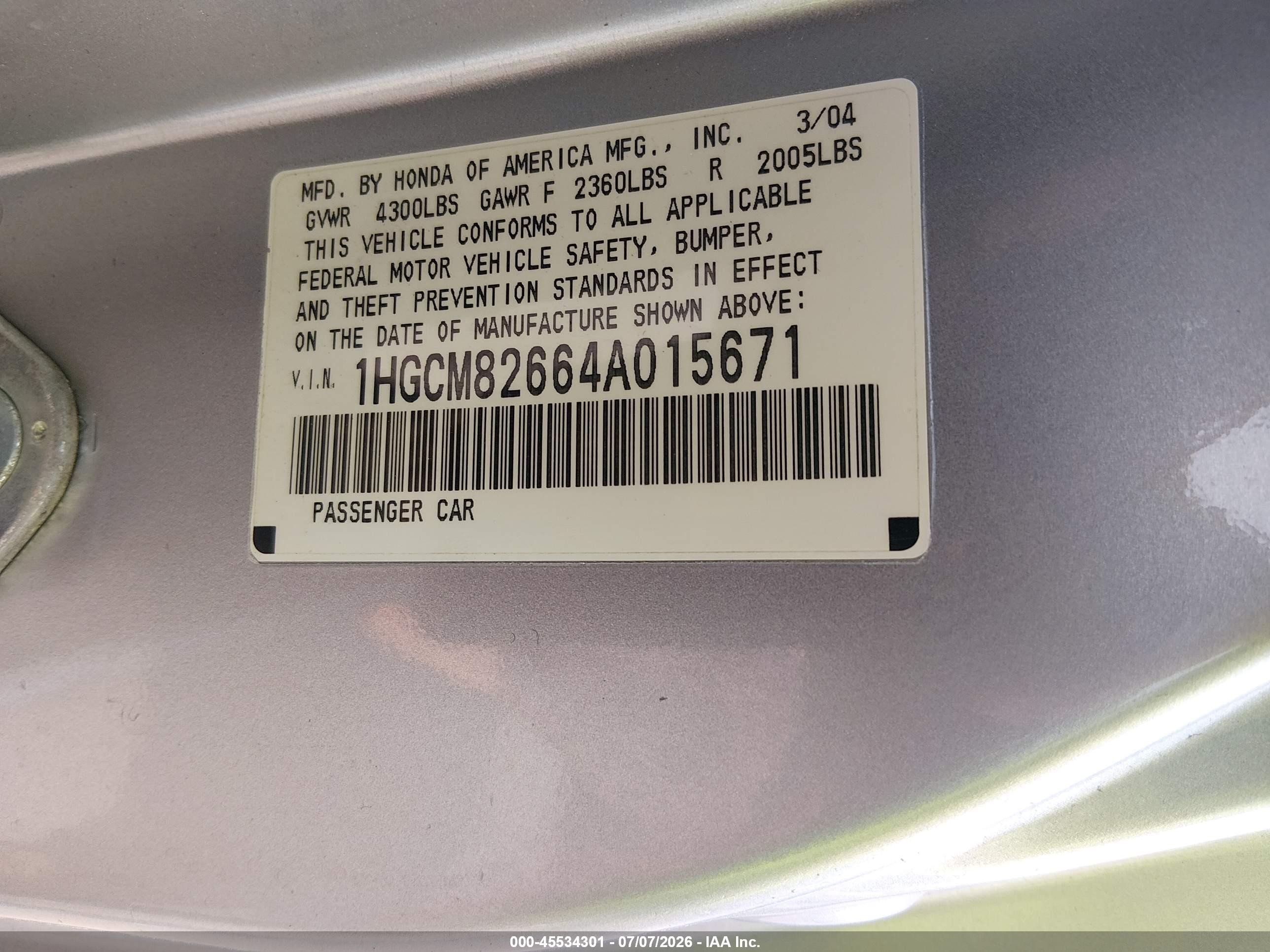 2004 Honda Accord 3.0 Ex Серебряный vin: 1HGCM82664A015671