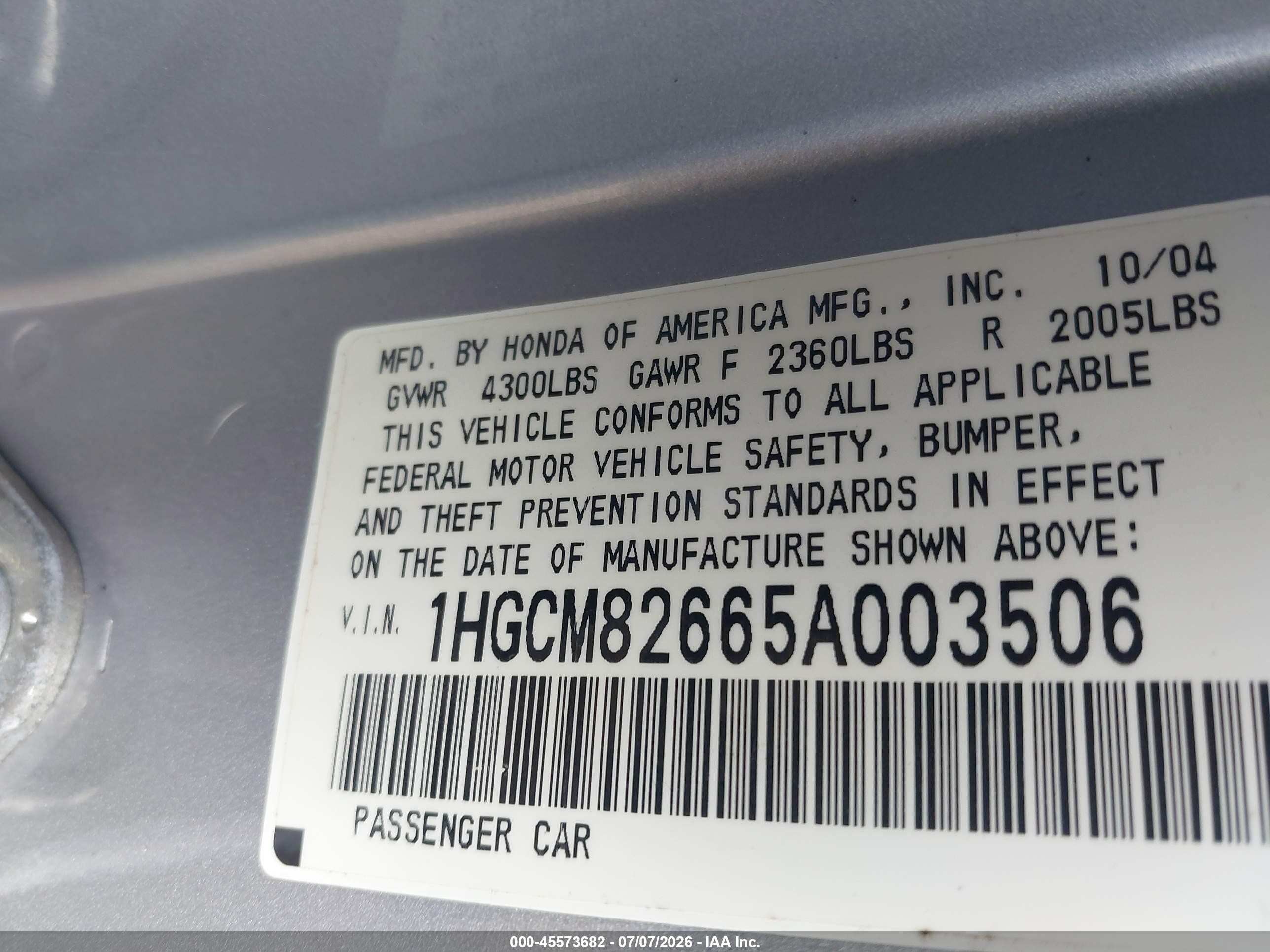 2005 Honda Accord 3.0 Ex Silver vin: 1HGCM82665A003506