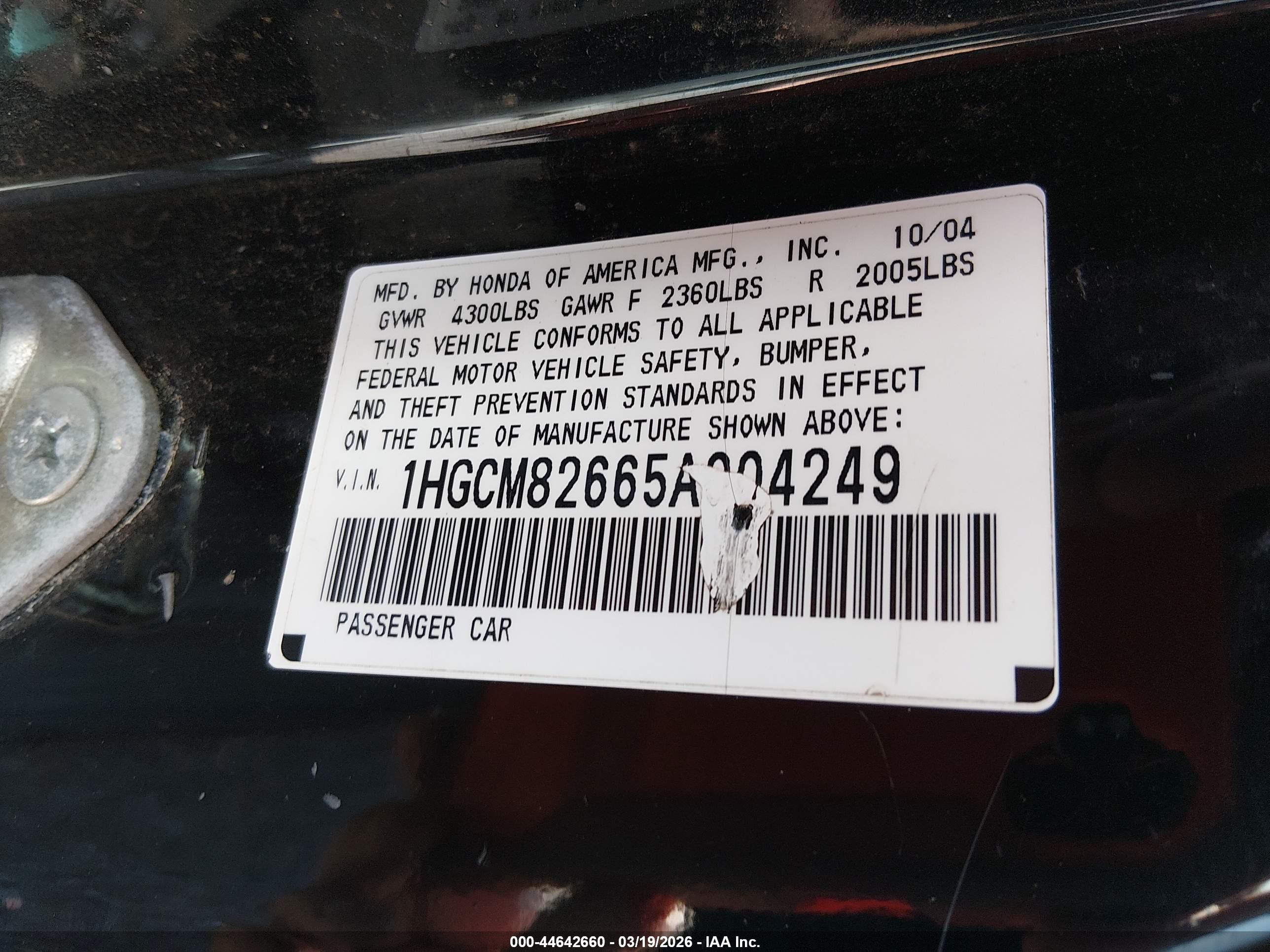 2005 Honda Accord Cpe Ex-l V6 Black vin: 1HGCM82665A004249