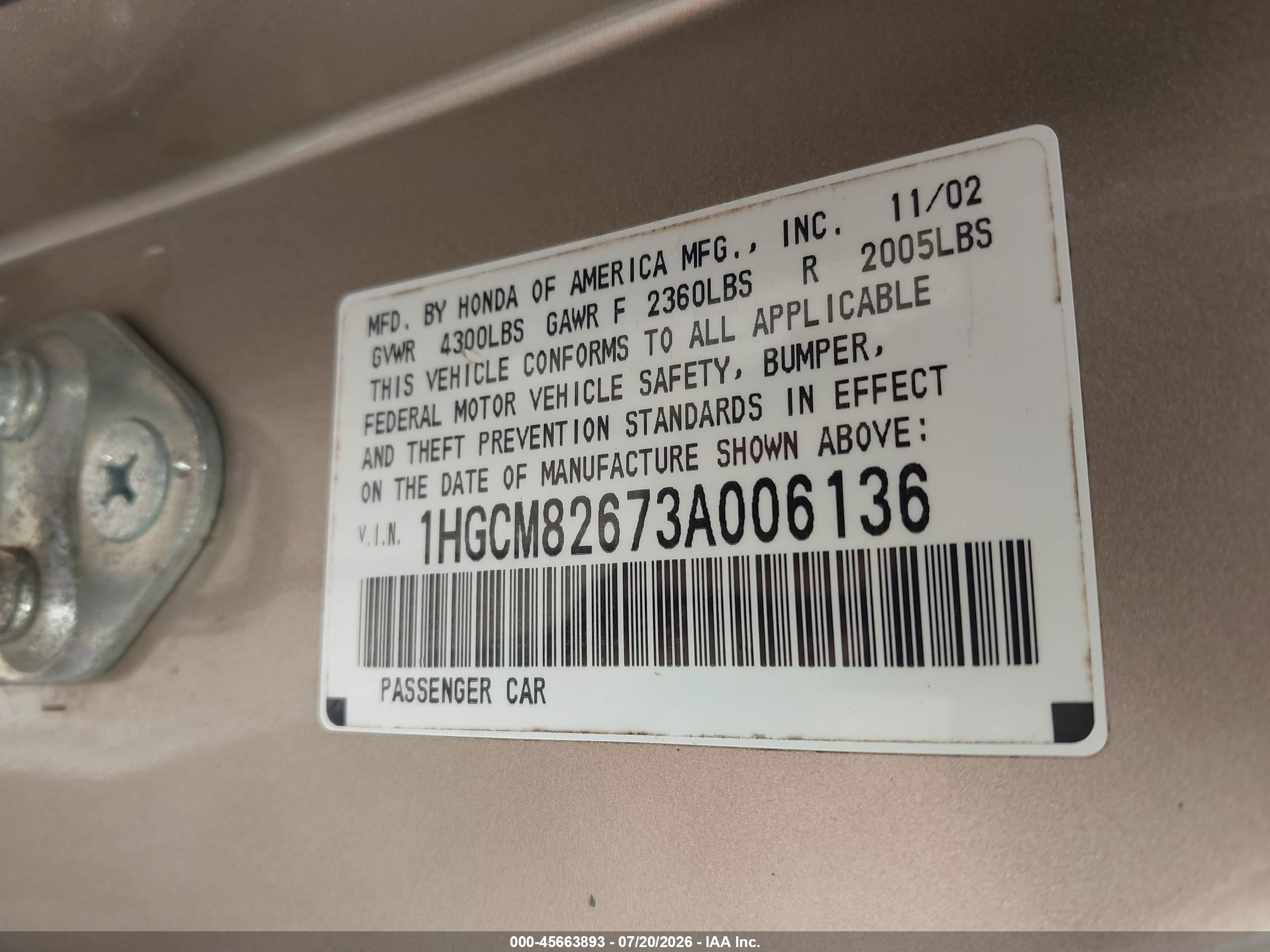 2003 Honda Accord Cpe Ex Gold vin: 1HGCM82673A006136