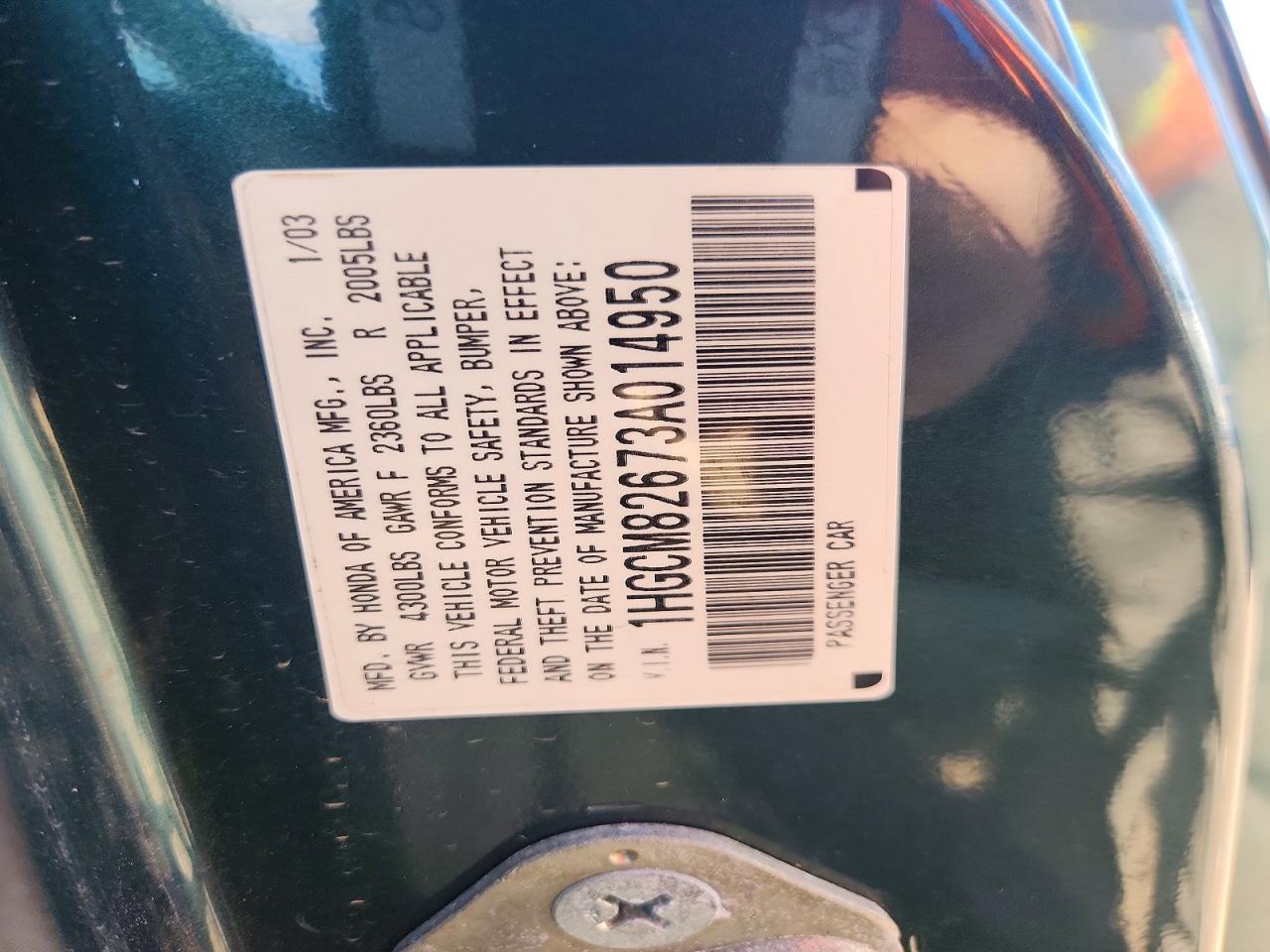 2003 Honda Accord Ex Green vin: 1HGCM82673A014950