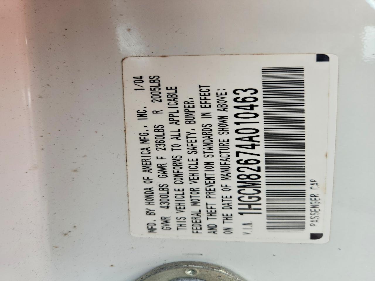 2004 Honda Accord Ex White vin: 1HGCM82674A010463
