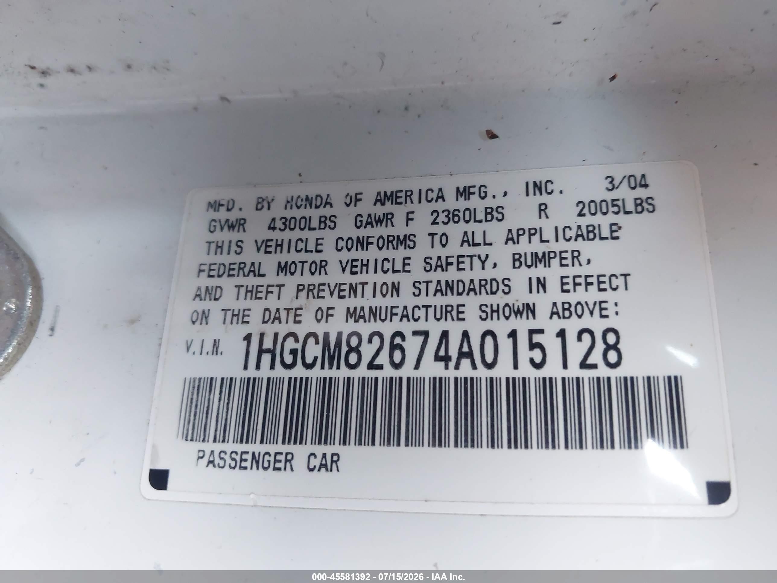 2004 Honda Accord 3.0 Ex White vin: 1HGCM82674A015128