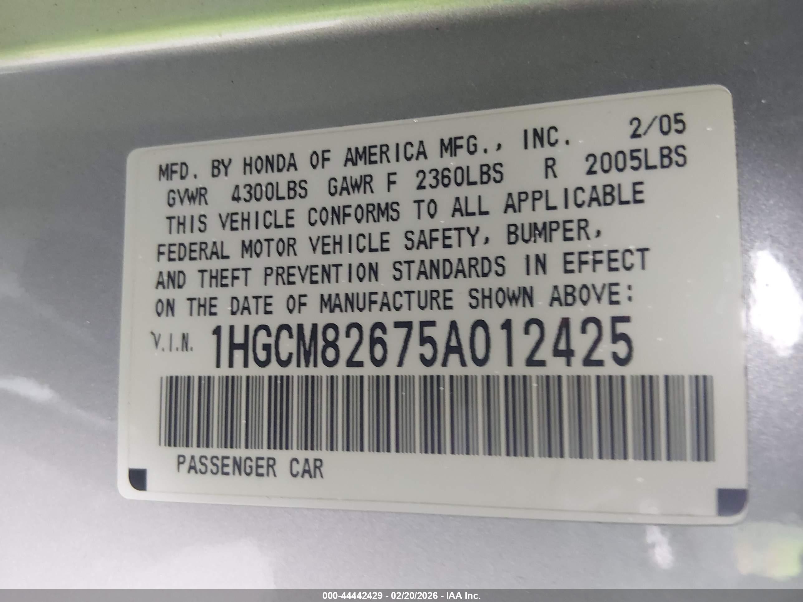 2005 Honda Accord Cpe Ex-l V6 Gray vin: 1HGCM82675A012425