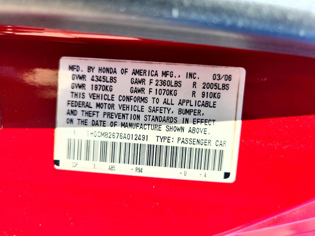 2006 Honda Accord Ex Red vin: 1HGCM82676A012491