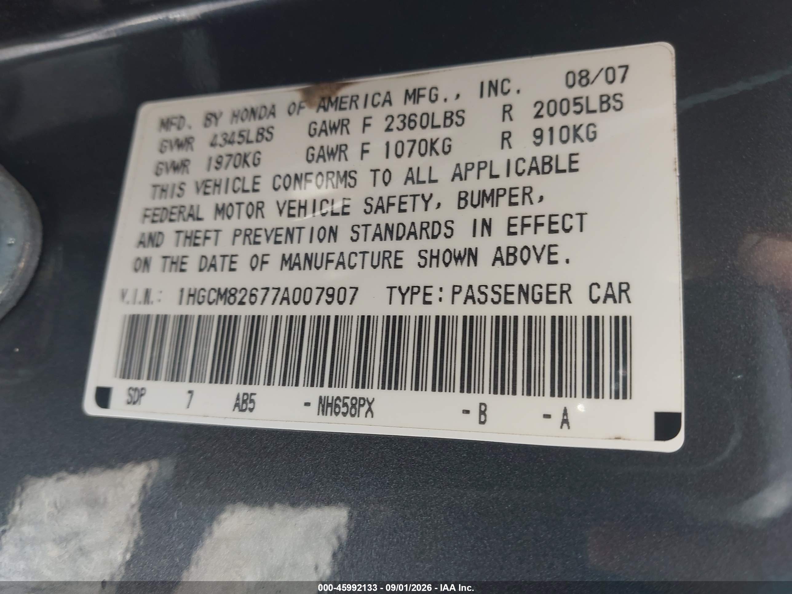 2007 Honda Accord 3.0 Ex Gray vin: 1HGCM82677A007907