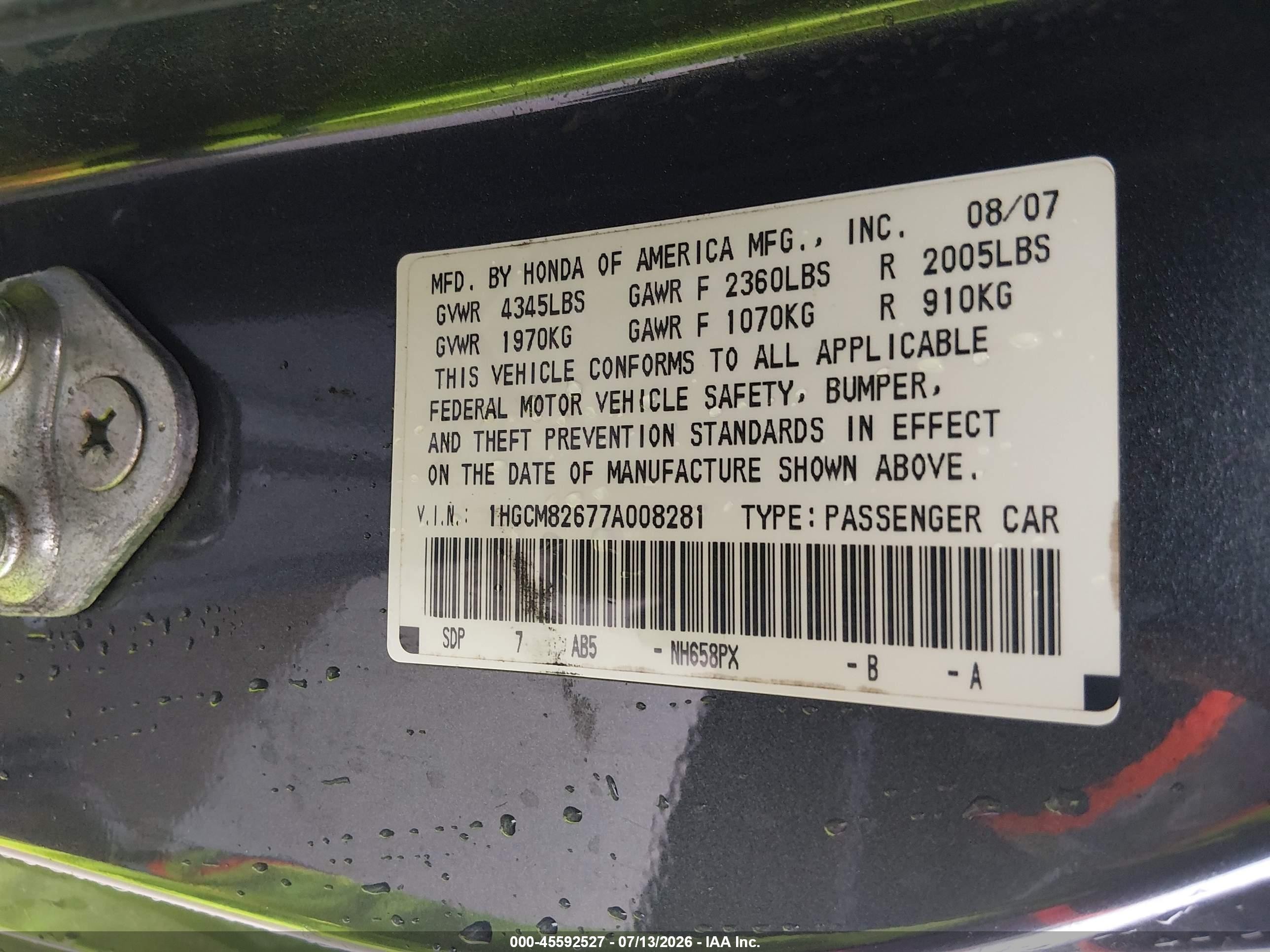 2007 Honda Accord 3.0 Ex Gray vin: 1HGCM82677A008281