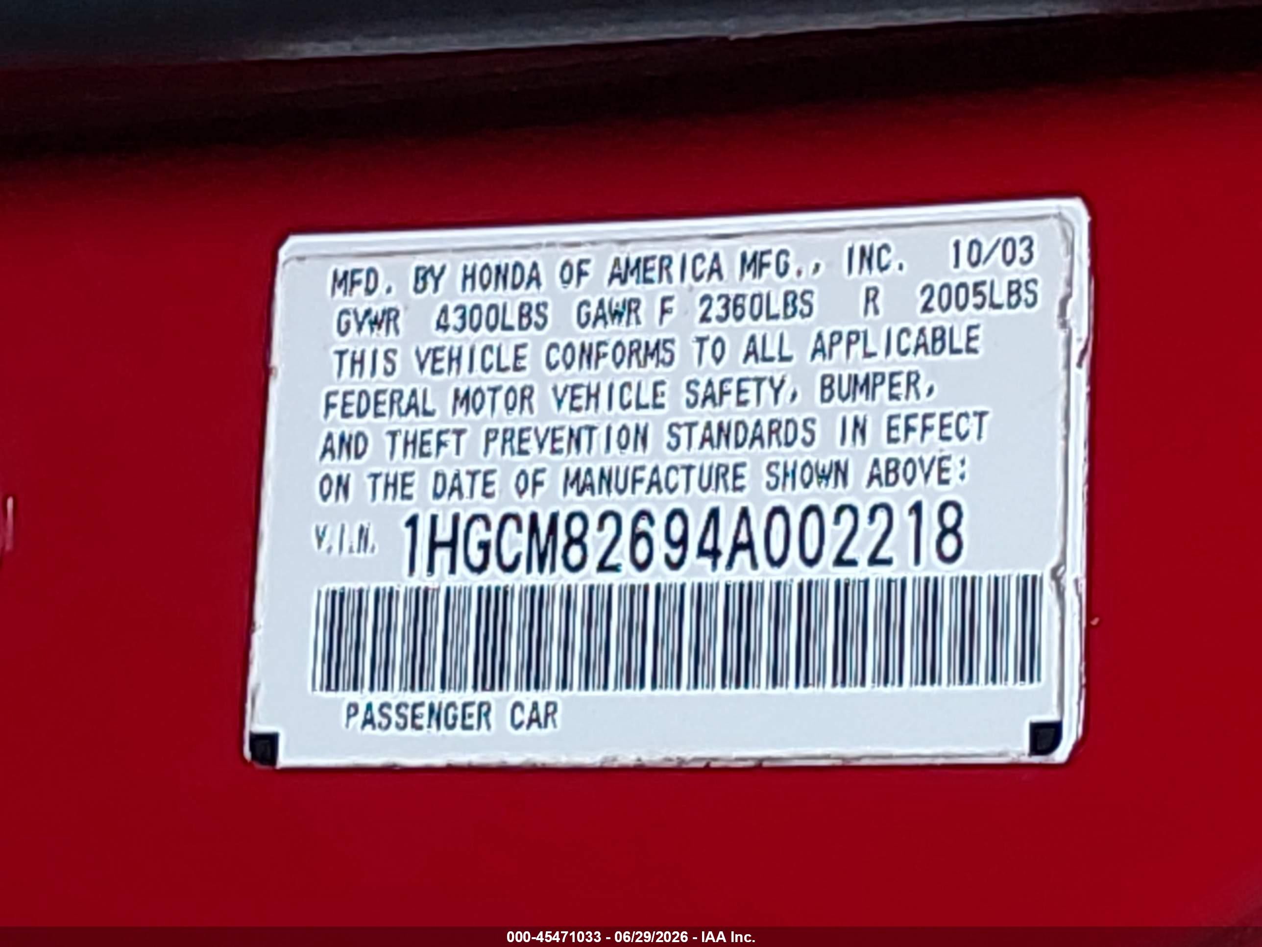 2004 Honda Accord 3.0 Ex Red vin: 1HGCM82694A002218