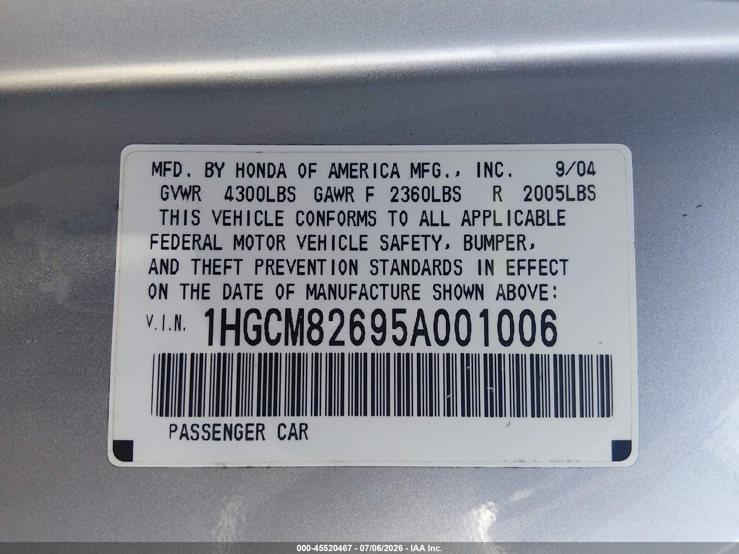 2005 Honda Accord 3.0 Ex Silver vin: 1HGCM82695A001006