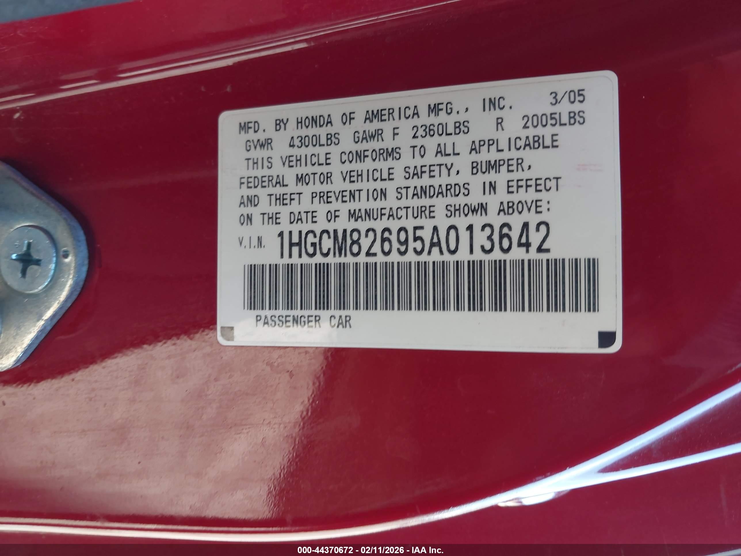 2005 Honda Accord Cpe Ex-l V6 Red vin: 1HGCM82695A013642