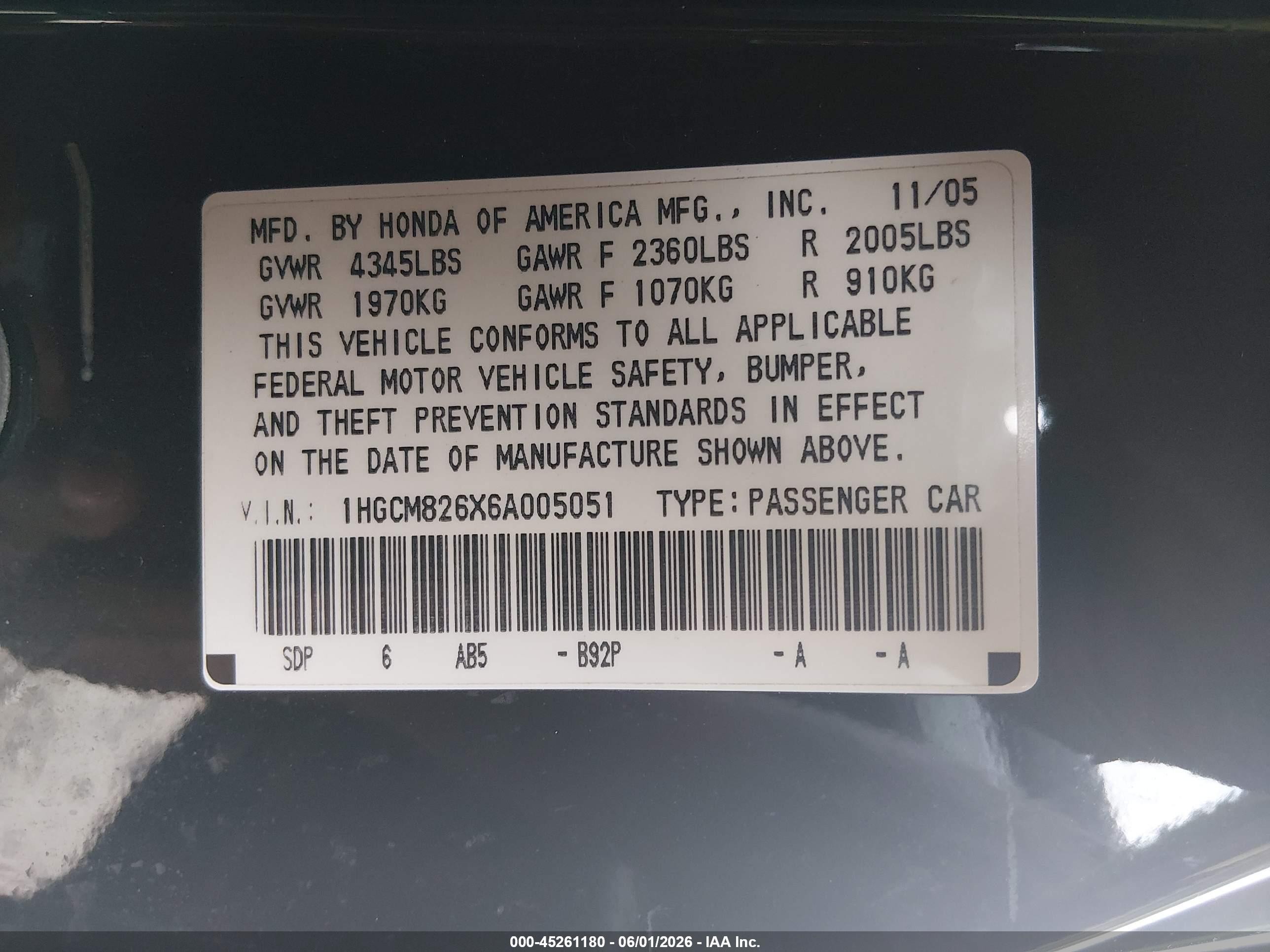 2006 Honda Accord 3.0 Ex Black vin: 1HGCM826X6A005051