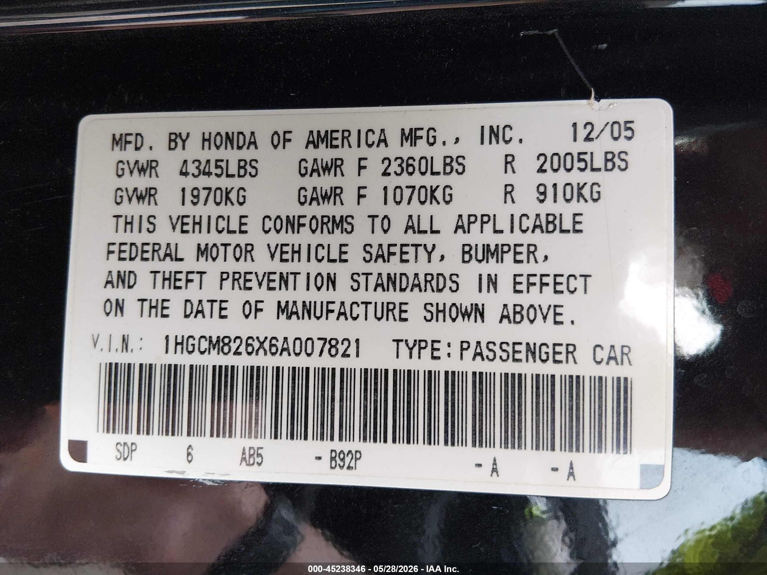 2006 Honda Accord 3.0 Ex Black vin: 1HGCM826X6A007821