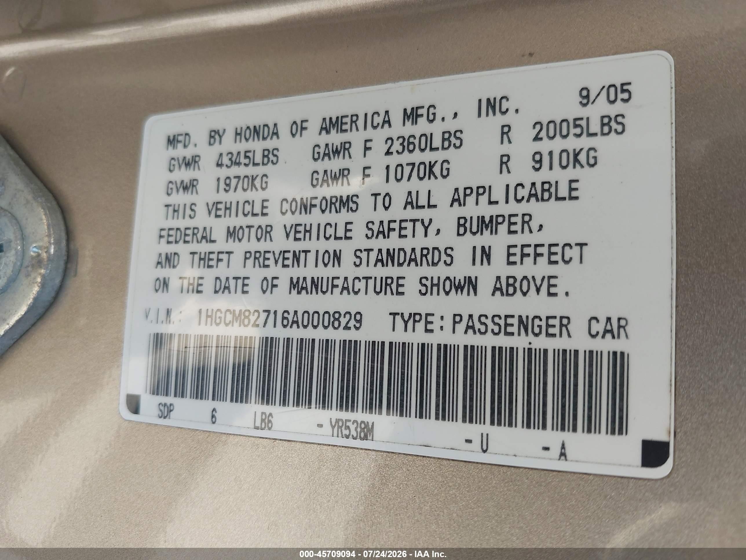 2006 Honda Accord 3.0 Ex Gold vin: 1HGCM82716A000829