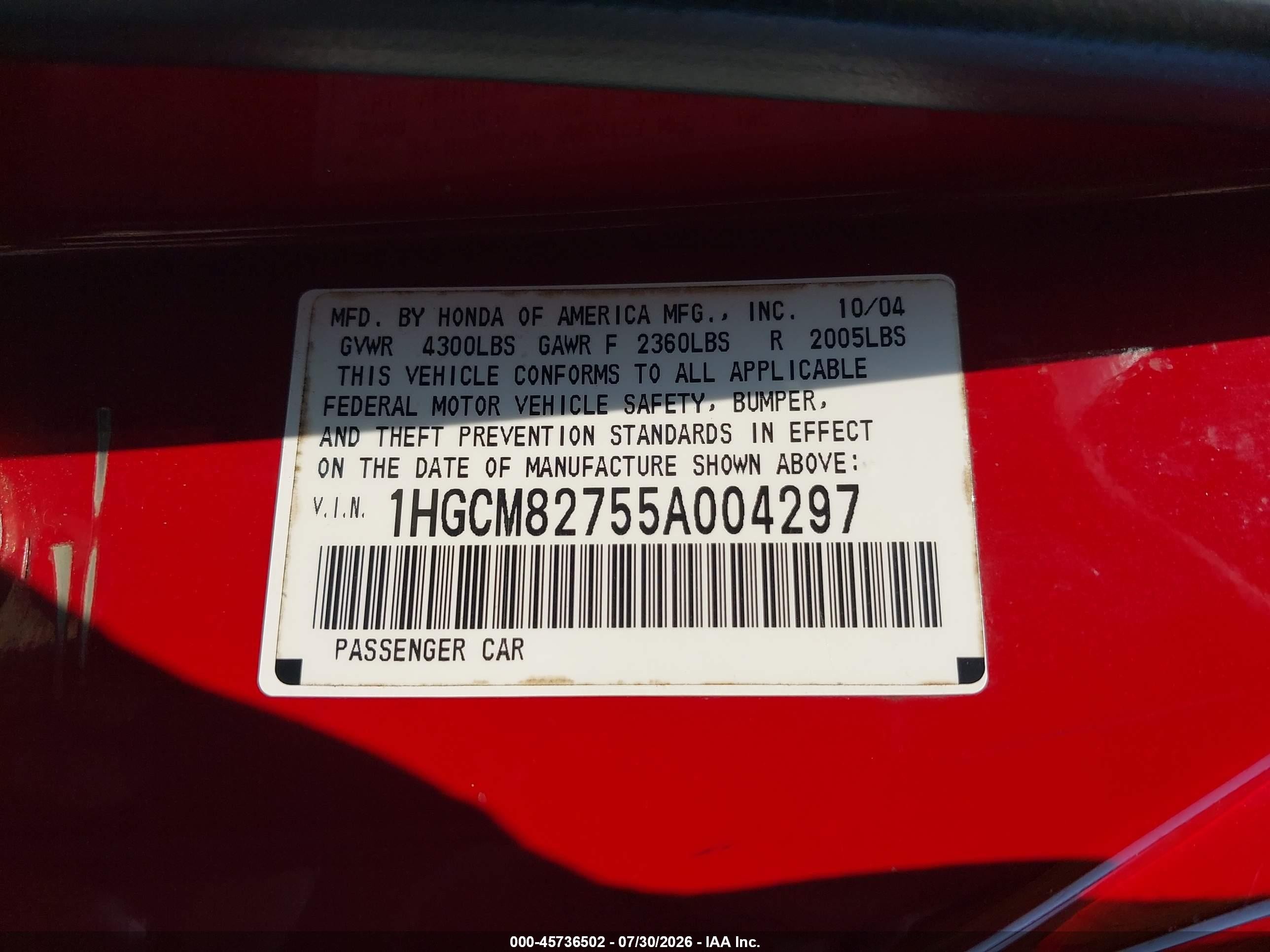 2005 Honda Accord 3.0 Ex Red vin: 1HGCM82755A004297