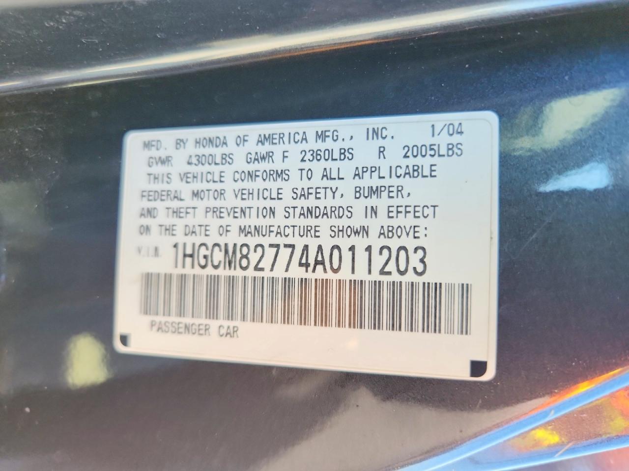 2004 Honda Accord Ex Black vin: 1HGCM82774A011203
