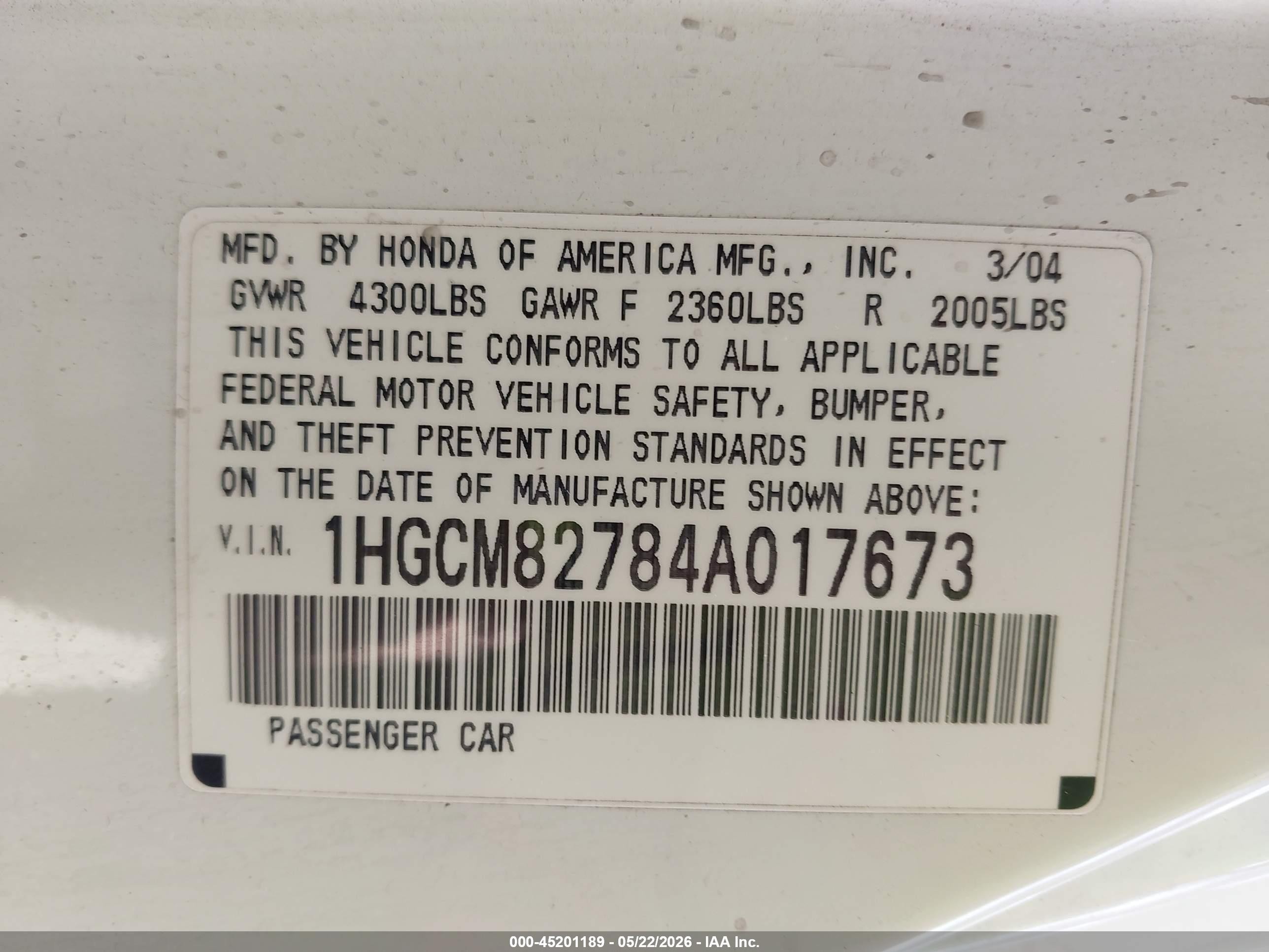 2004 Honda Accord 3.0 Ex White vin: 1HGCM82784A017673