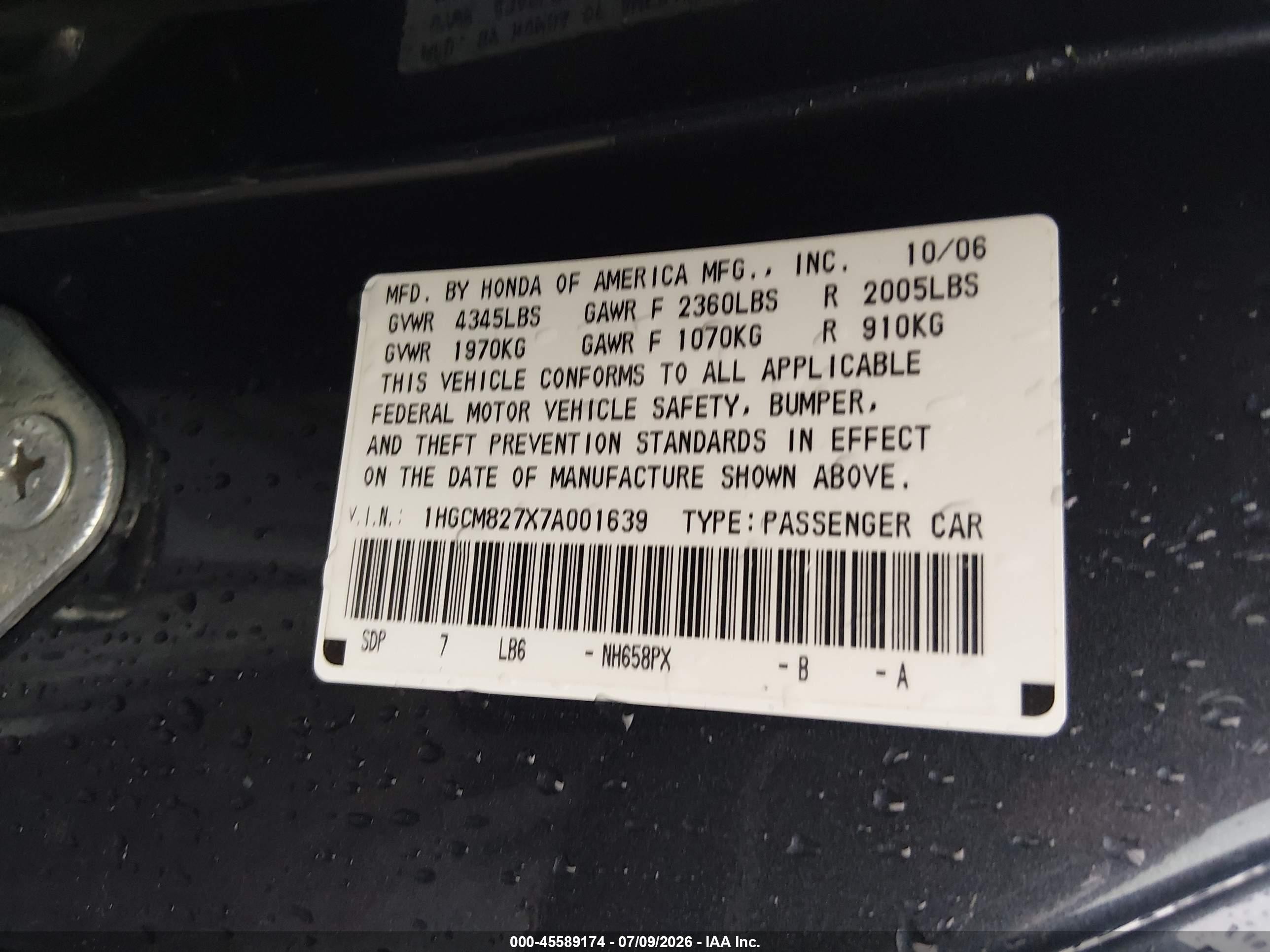 2007 Honda Accord 3.0 Ex Blue vin: 1HGCM827X7A001639