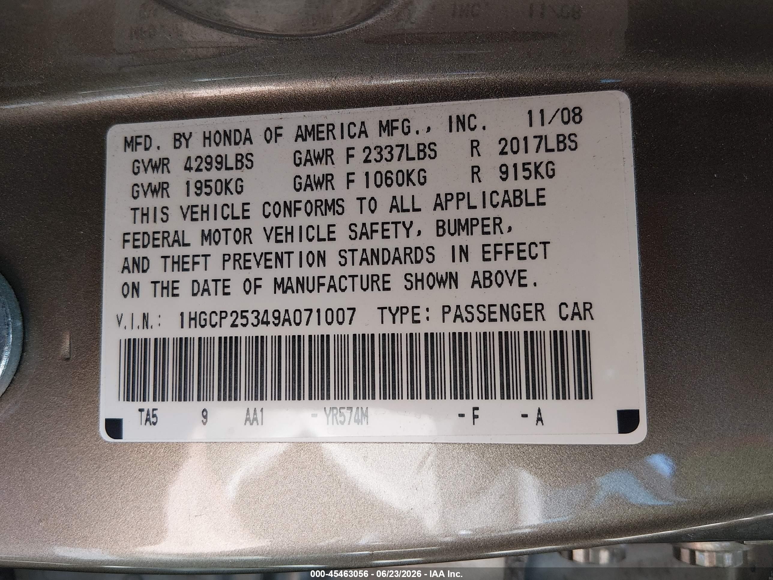 2009 Honda Accord 2.4 Lx Gold vin: 1HGCP25349A071007