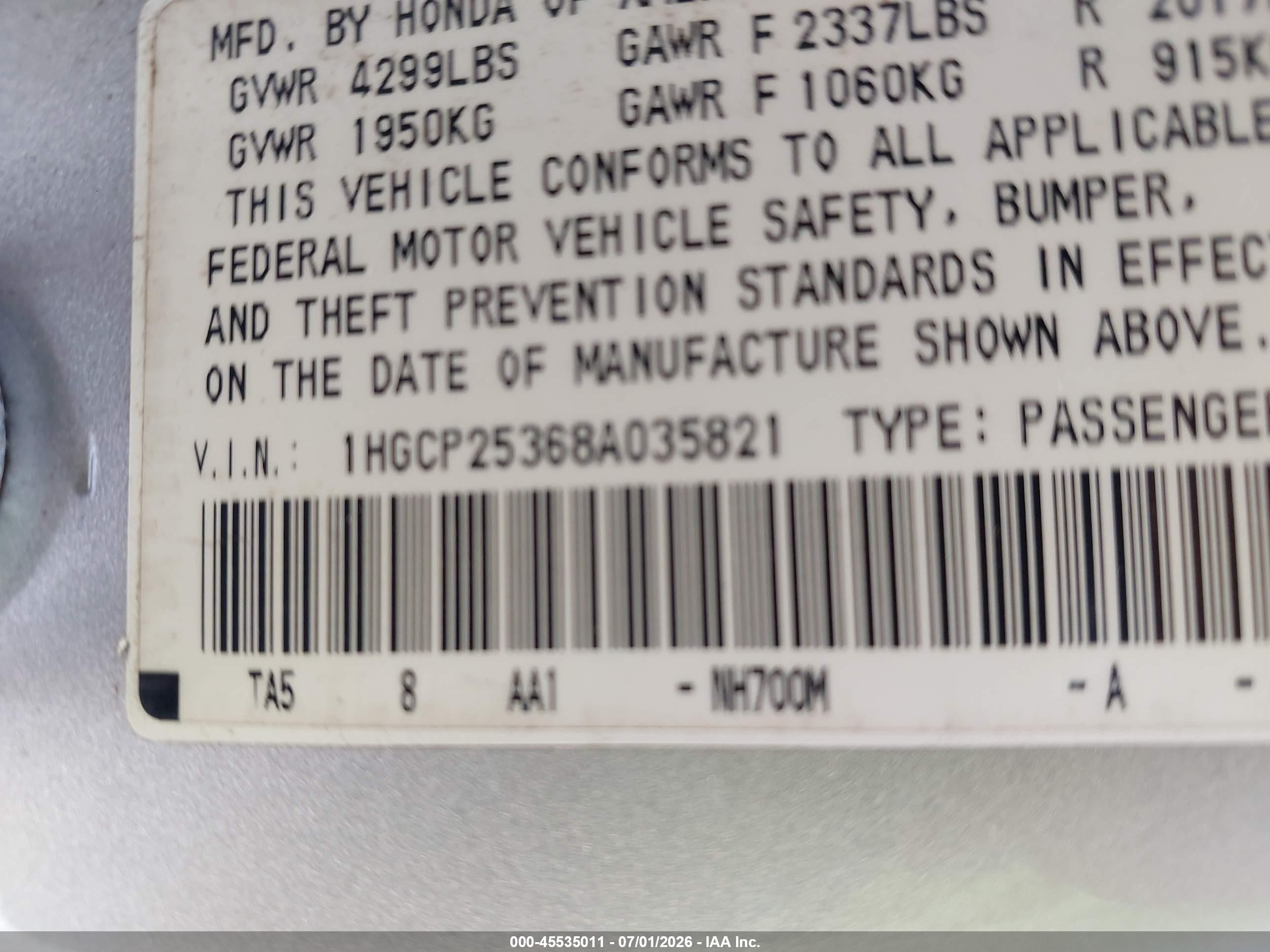 2008 Honda Accord 2.4 Lx Серый vin: 1HGCP25368A035821