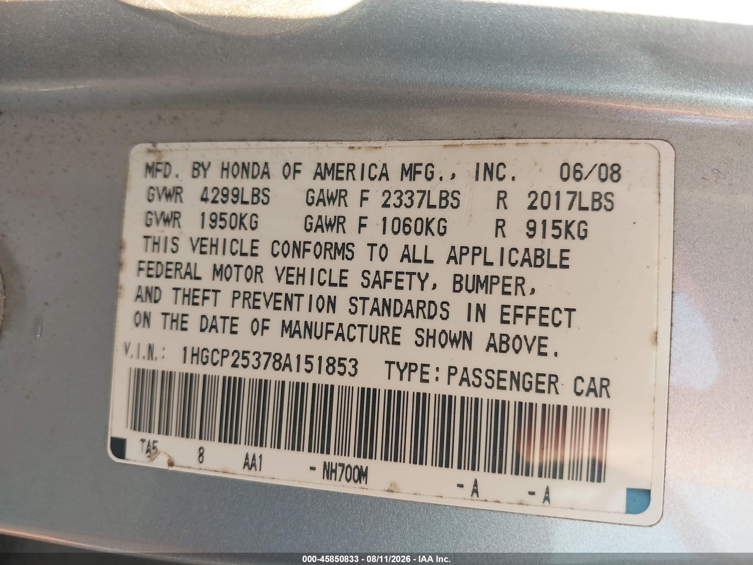 2008 Honda Accord 2.4 Lx Silver vin: 1HGCP25378A151853