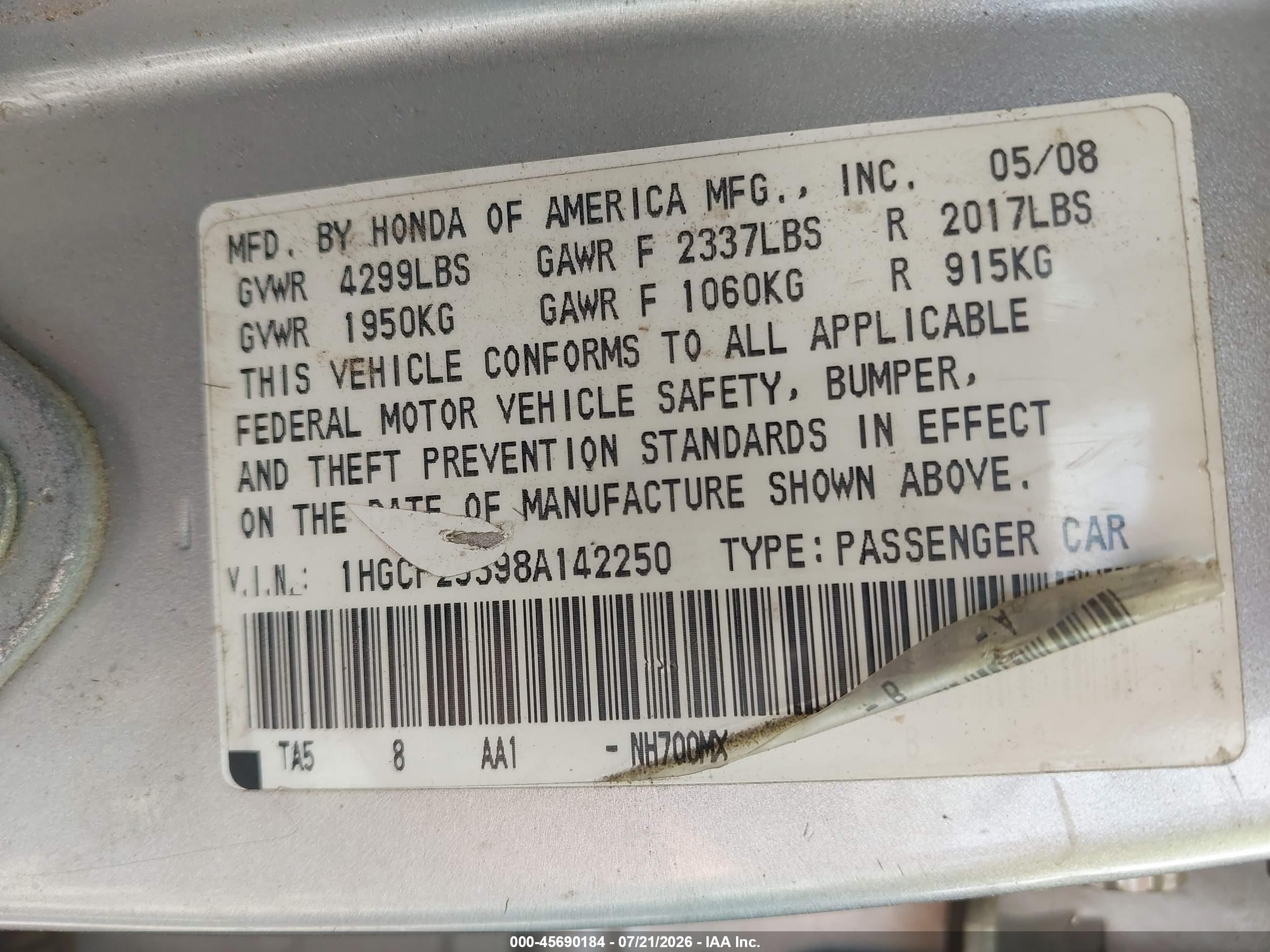 2008 Honda Accord 2.4 Lx Silver vin: 1HGCP25398A142250