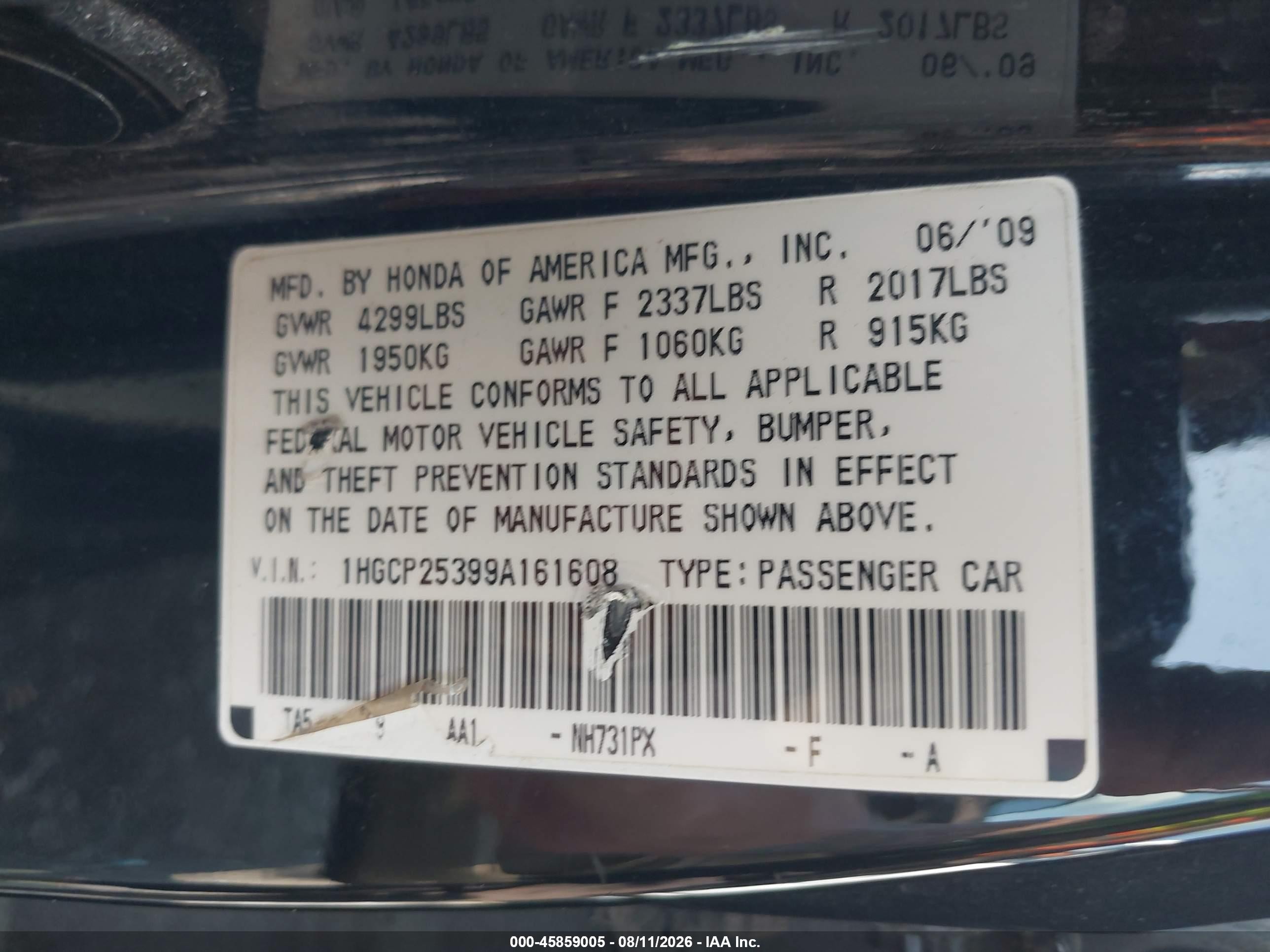 2009 Honda Accord 2.4 Lx Black vin: 1HGCP25399A161608