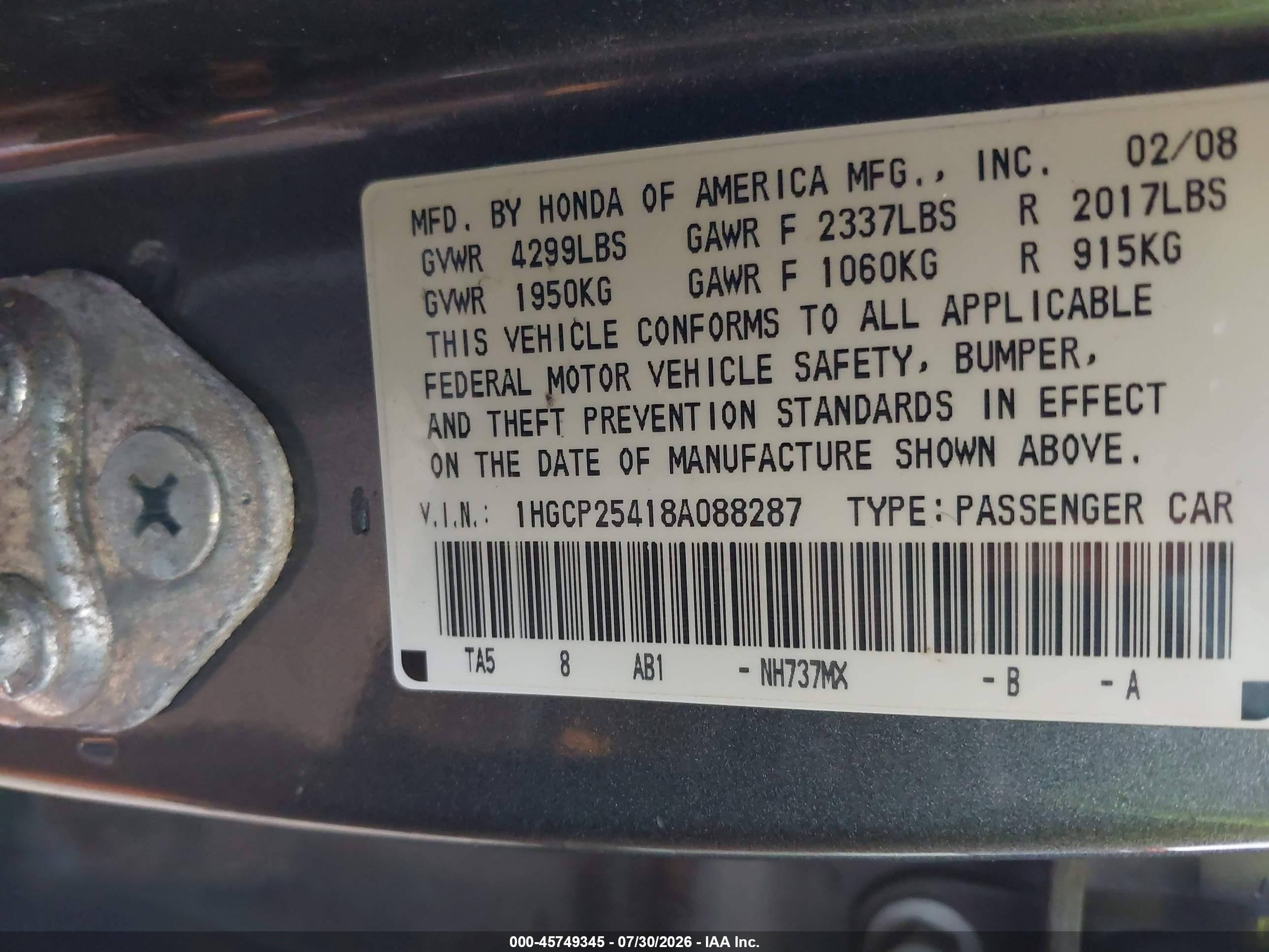 2008 Honda Accord 2.4 Lx-p Gray vin: 1HGCP25418A088287