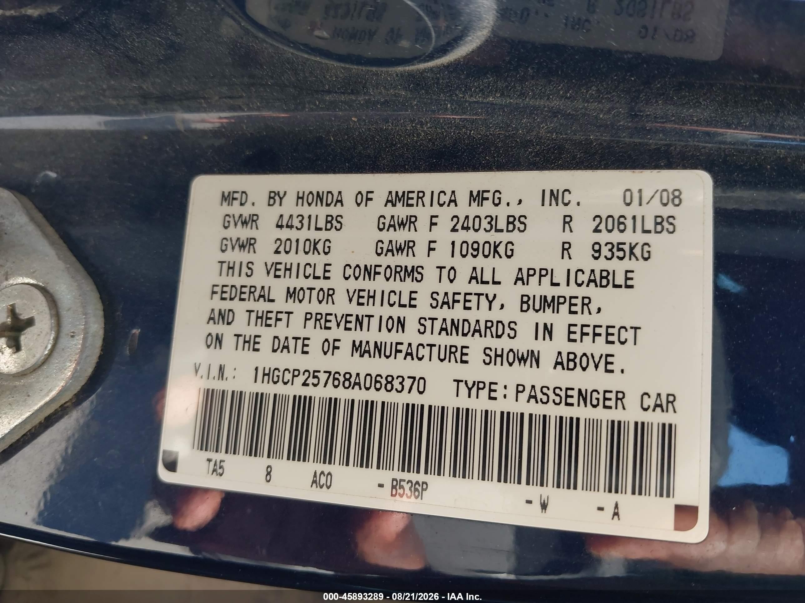 2008 Honda Accord 2.4 Ex Blue vin: 1HGCP25768A068370