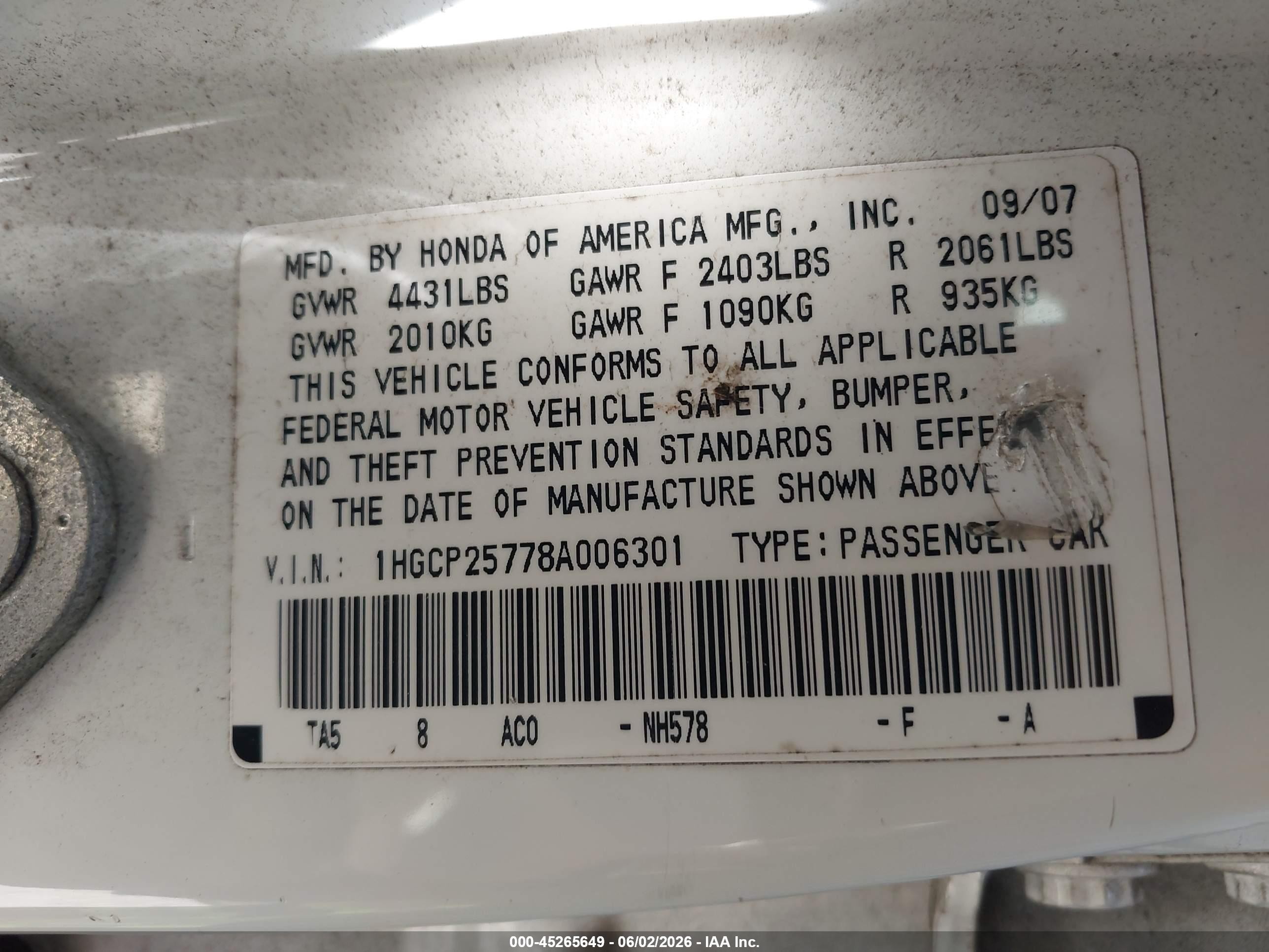 2008 Honda Accord 2.4 Ex White vin: 1HGCP25778A006301